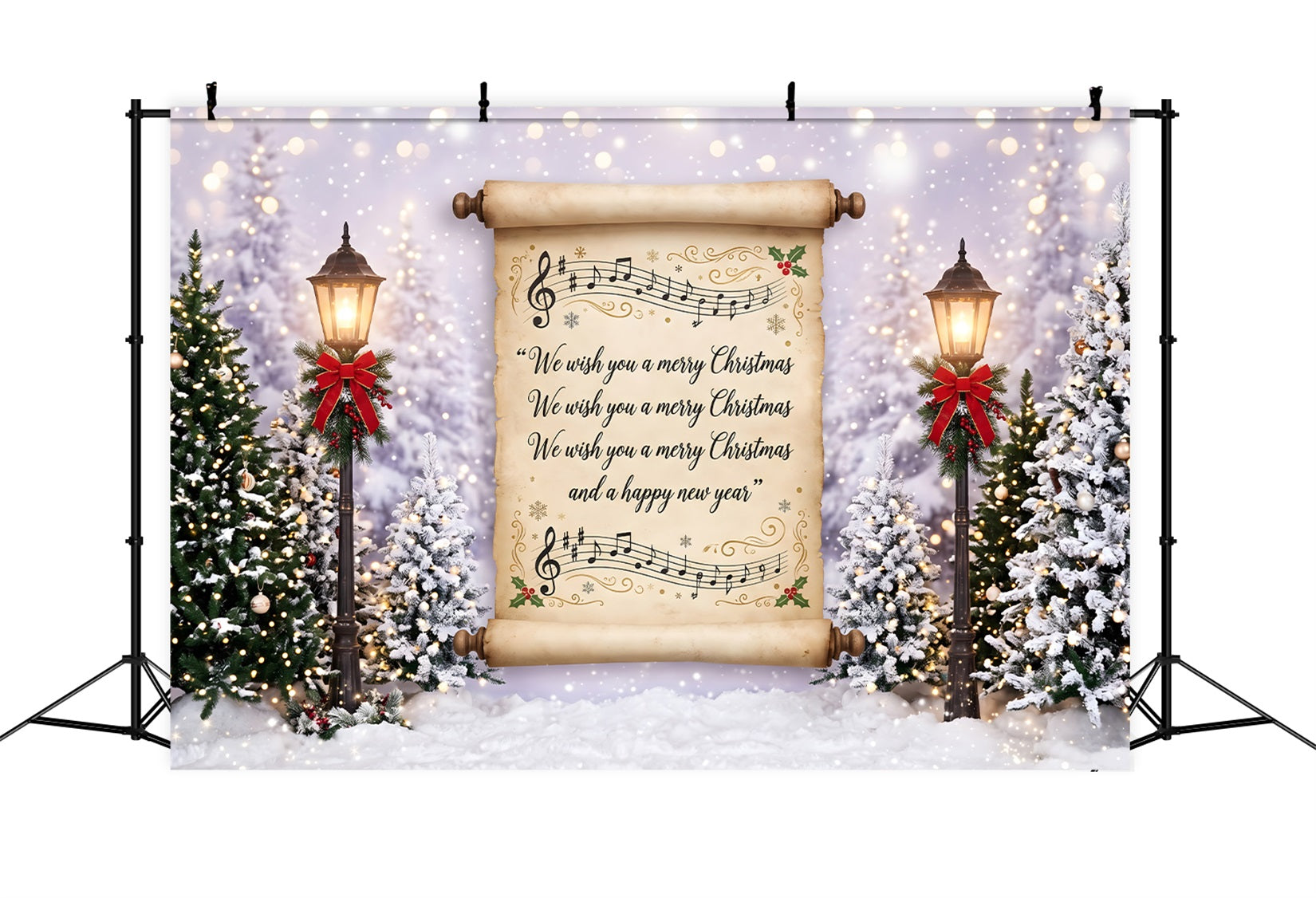 Merry Christmas Backdrop Vintage Carol Scroll Snowy Lanterns Christmas Backdrops For Photos CEM65-160