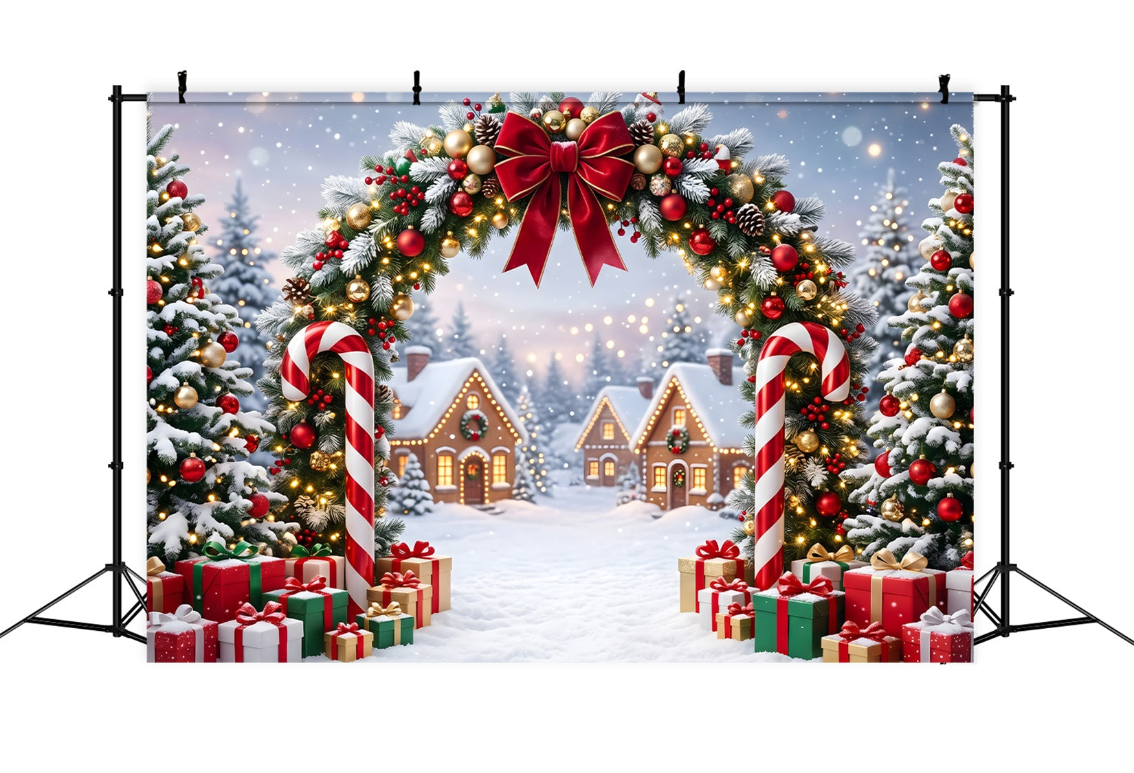 Backdrop For Christmas Pictures Candy Cane Garland Snowy Village Christmas Backdrops CEM65-161