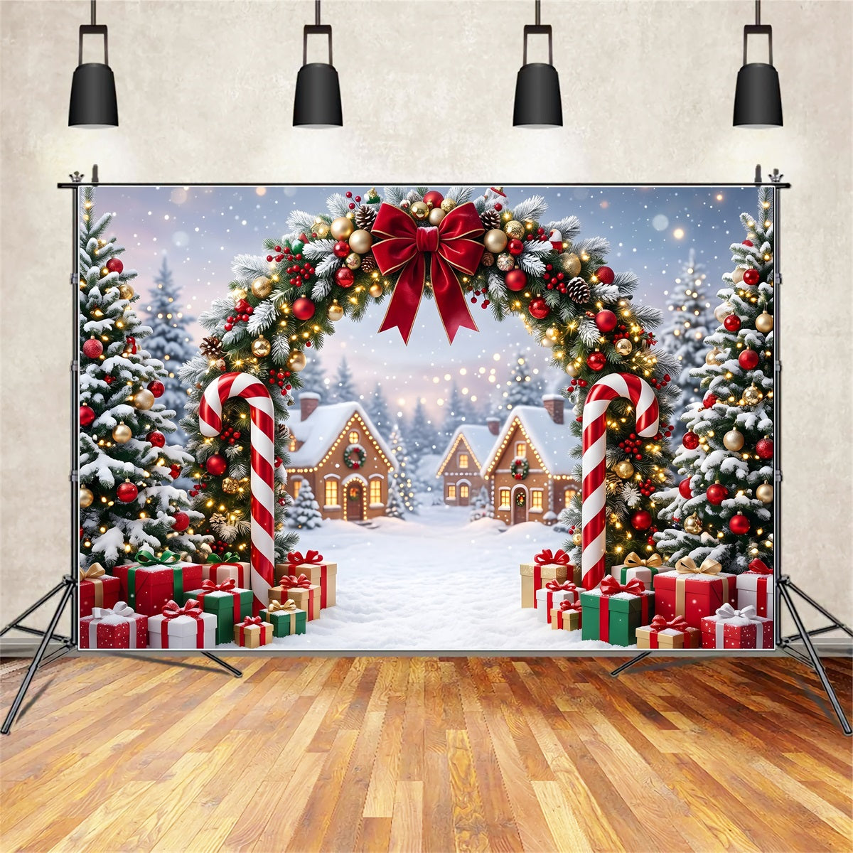 Backdrop For Christmas Pictures Candy Cane Garland Snowy Village Christmas Backdrops CEM65-161