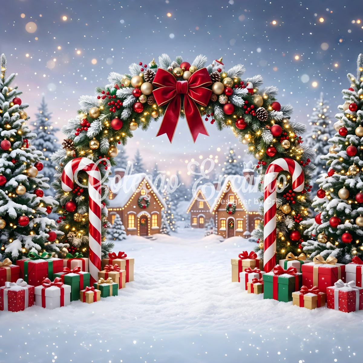 Backdrop For Christmas Pictures Candy Cane Garland Snowy Village Christmas Backdrops CEM65-161