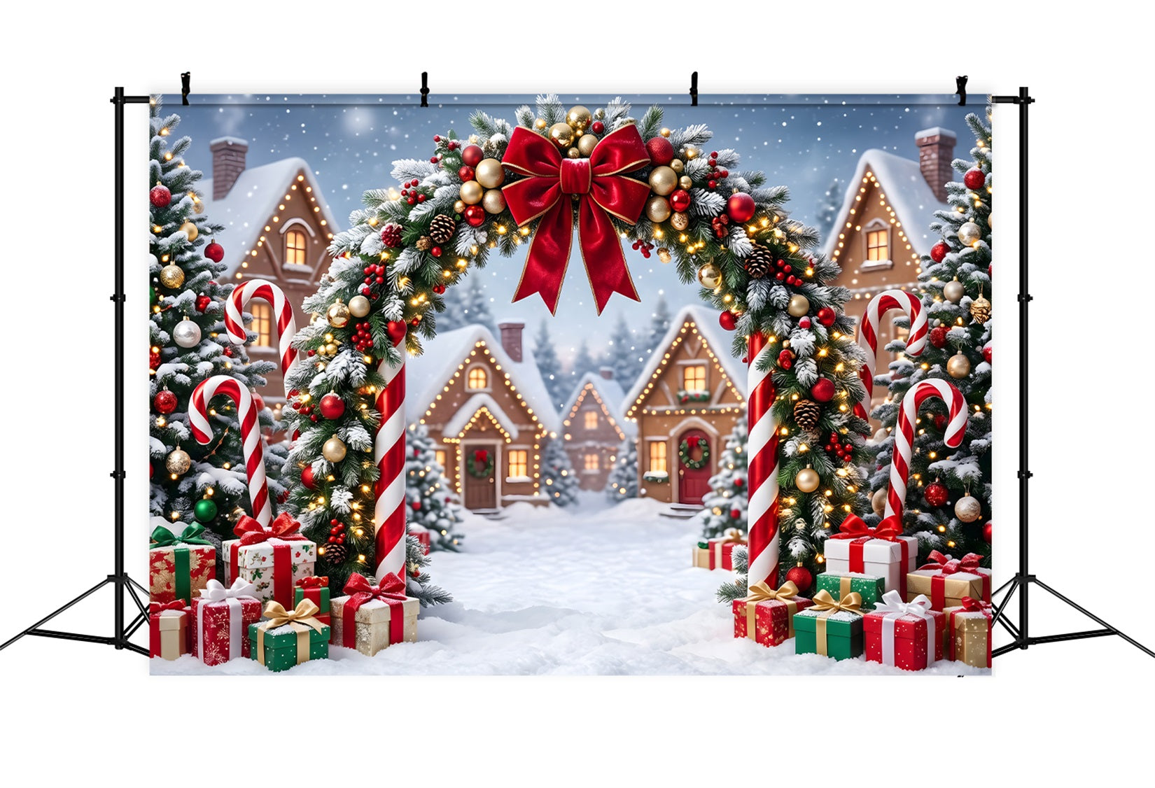 Country Christmas Backdrop Festive Candy Arch Cottage Lights Christmas Photography Backdrop CEM65-162