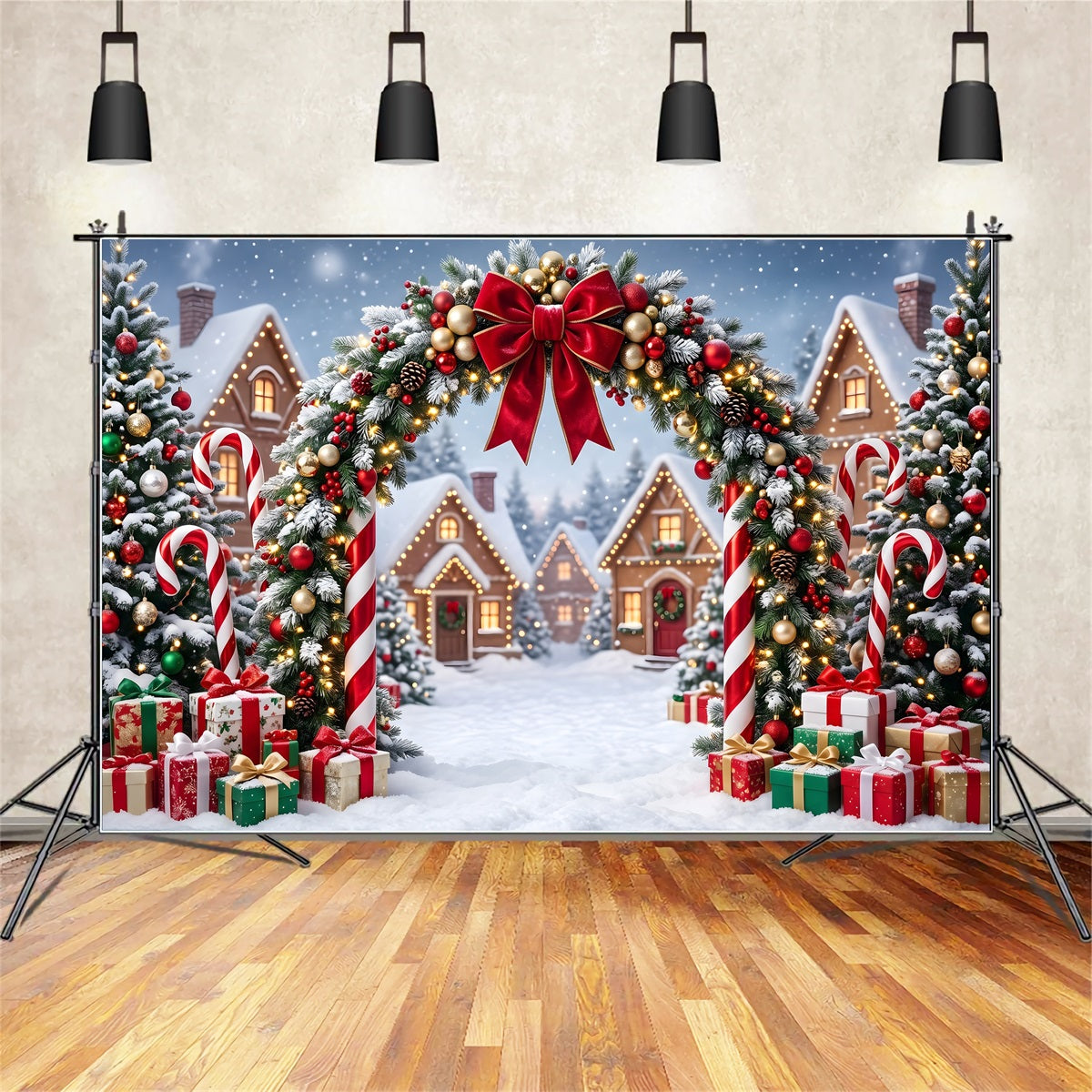 Country Christmas Backdrop Festive Candy Arch Cottage Lights Christmas Photography Backdrop CEM65-162