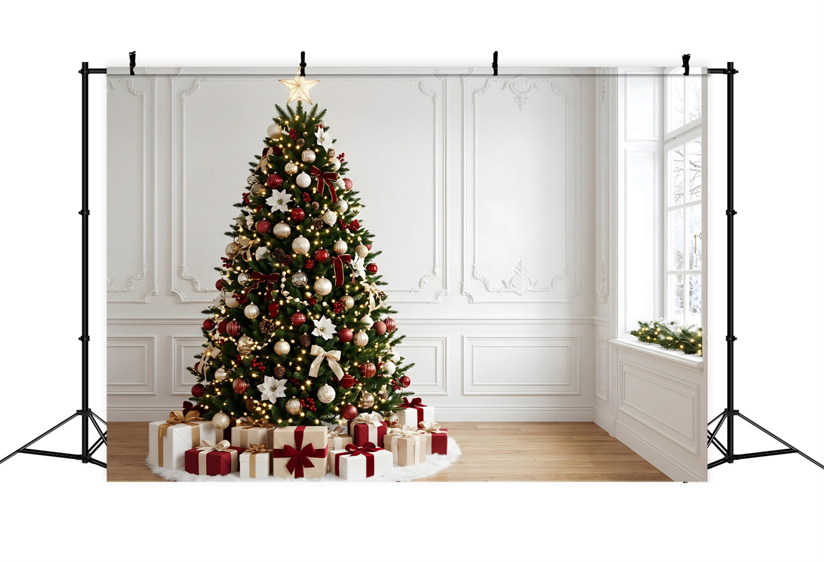 Indoor Christmas Backdrop Elegant Poinsettia Tree Gift Corner Professional Christmas Backdrops CEM65-163