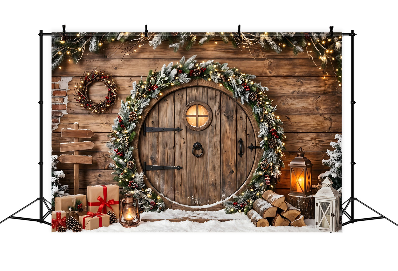 Snow Christmas Backdrop Rustic Round Door Garland Lanterns Christmas Photography Backdrops CEM65-164