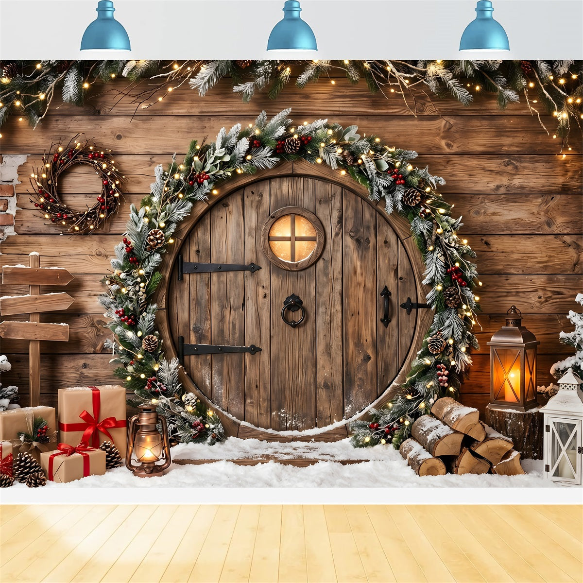 Snow Christmas Backdrop Rustic Round Door Garland Lanterns Christmas Photography Backdrops CEM65-164