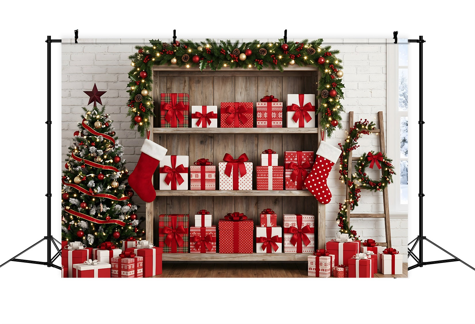 Christmas Themed Backdrop Festive Gift Shelf Stocking Display Christmas Backdrop Photography CEM65-165