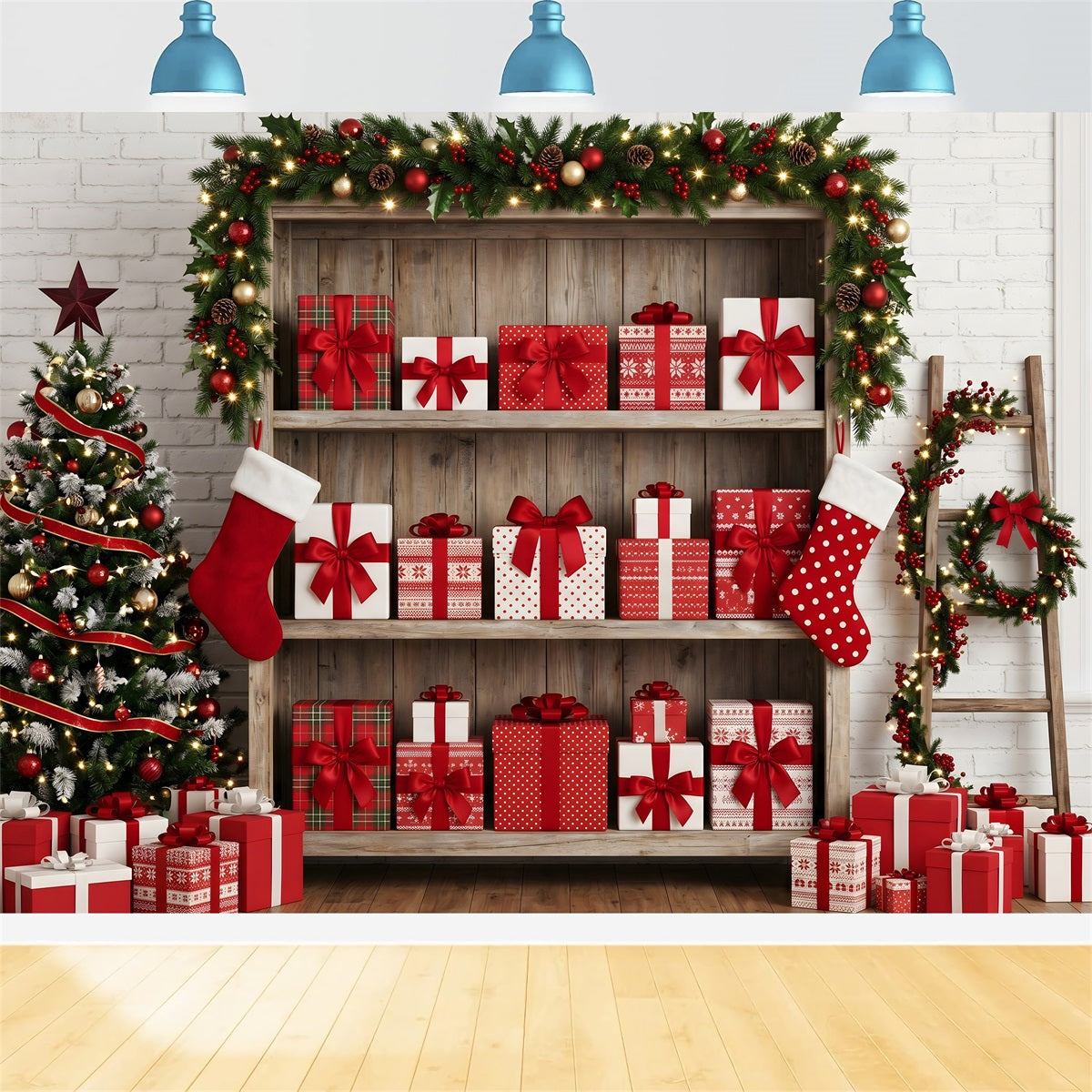 Christmas Themed Backdrop Festive Gift Shelf Stocking Display Christmas Backdrop Photography CEM65-165