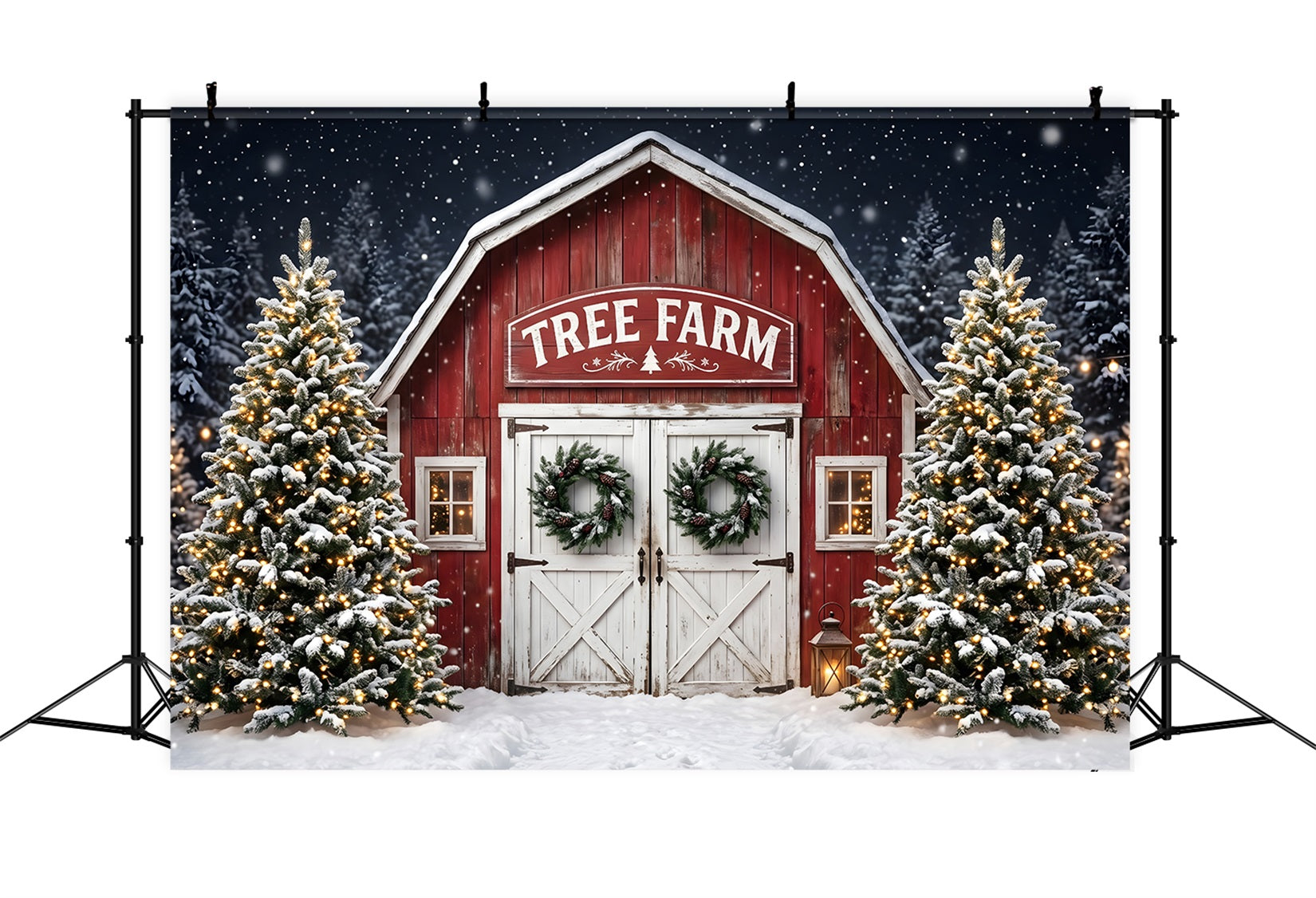 Christmas Tree Farm Backdrop Snowy Tree Farm Barn Entrance Christmas Picture Backdrop CEM65-166