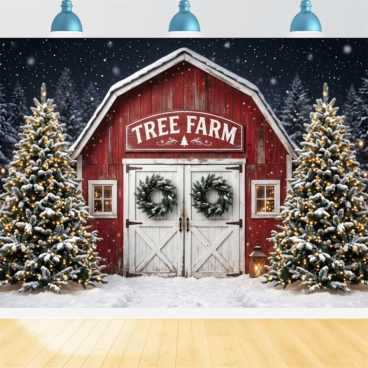 Christmas Tree Farm Backdrop Snowy Tree Farm Barn Entrance Christmas Picture Backdrop CEM65-166