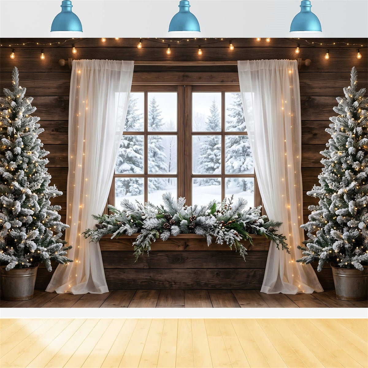 Christmas Party Backdrop Ideas Rustic Snowy Window Curtain Lights Christmas Photo Backdrop Ideas CEM65-167