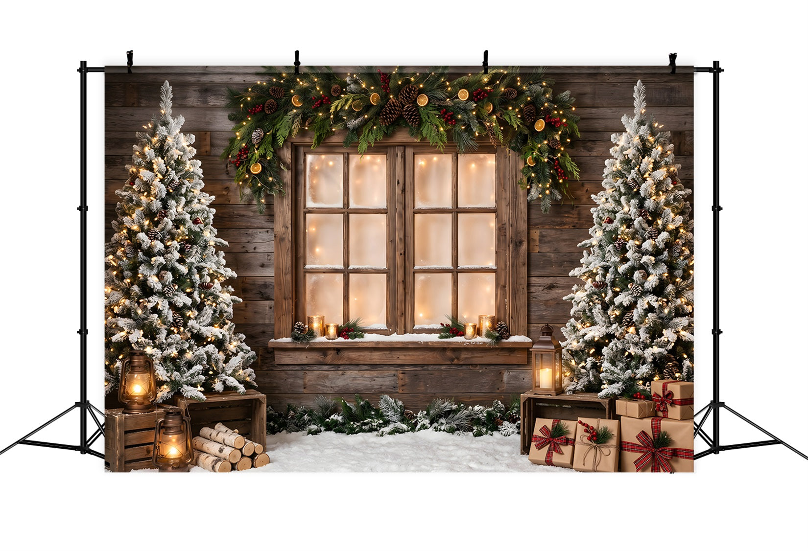 Christmas Trees Backdrop Rustic Window Garland Lantern Gifts Christmas Photo Booth Backdrop CEM65-168