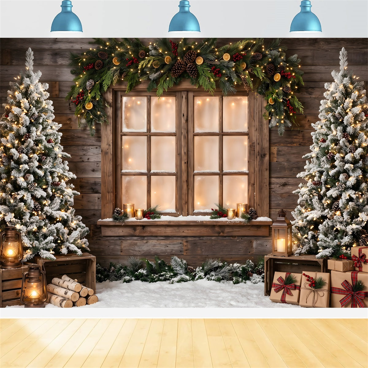 Christmas Trees Backdrop Rustic Window Garland Lantern Gifts Christmas Photo Booth Backdrop CEM65-168