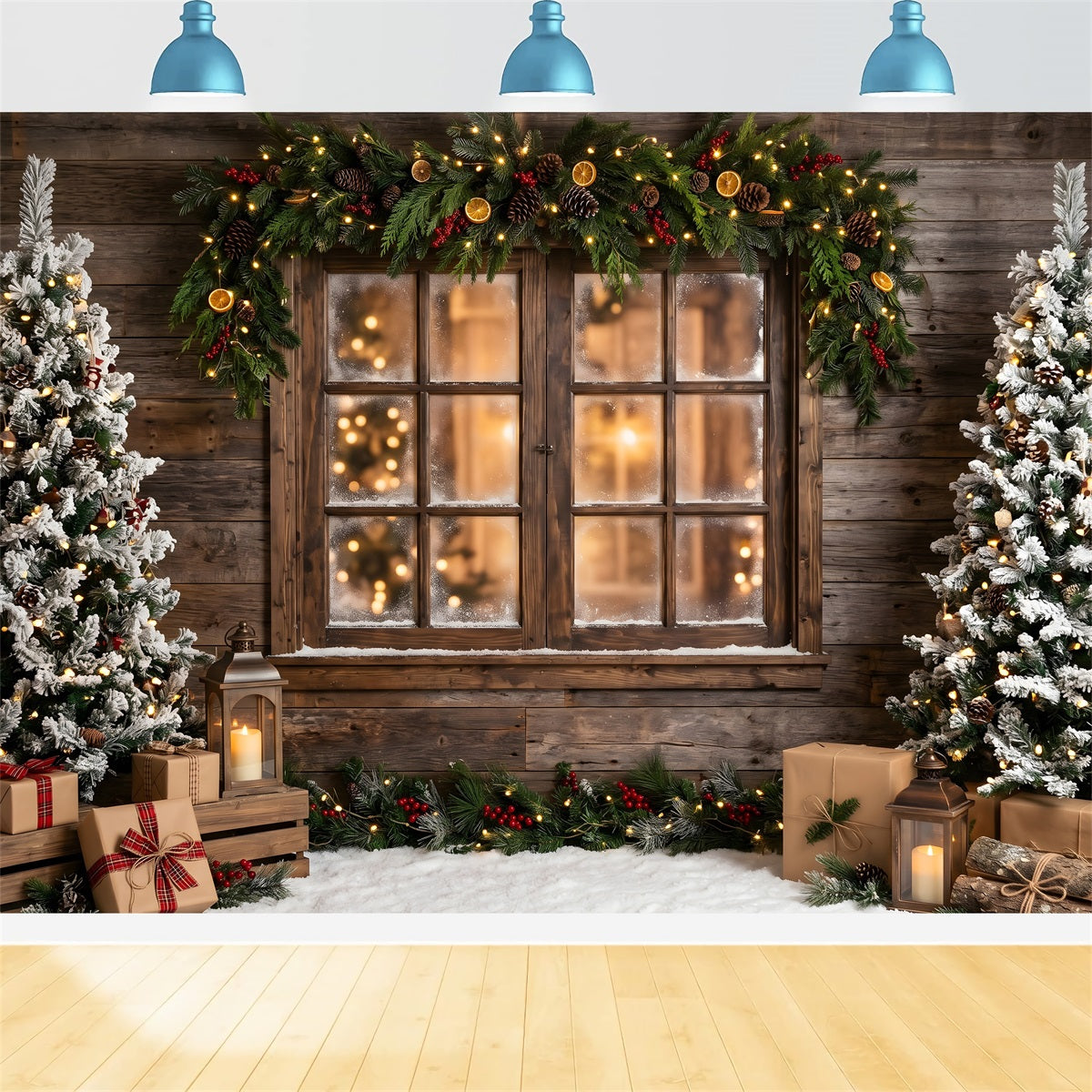 Winter Backdrop For Christmas Village Rustic Frosted Window Garland Trees Photo Backdrop Christmas CEM65-169
