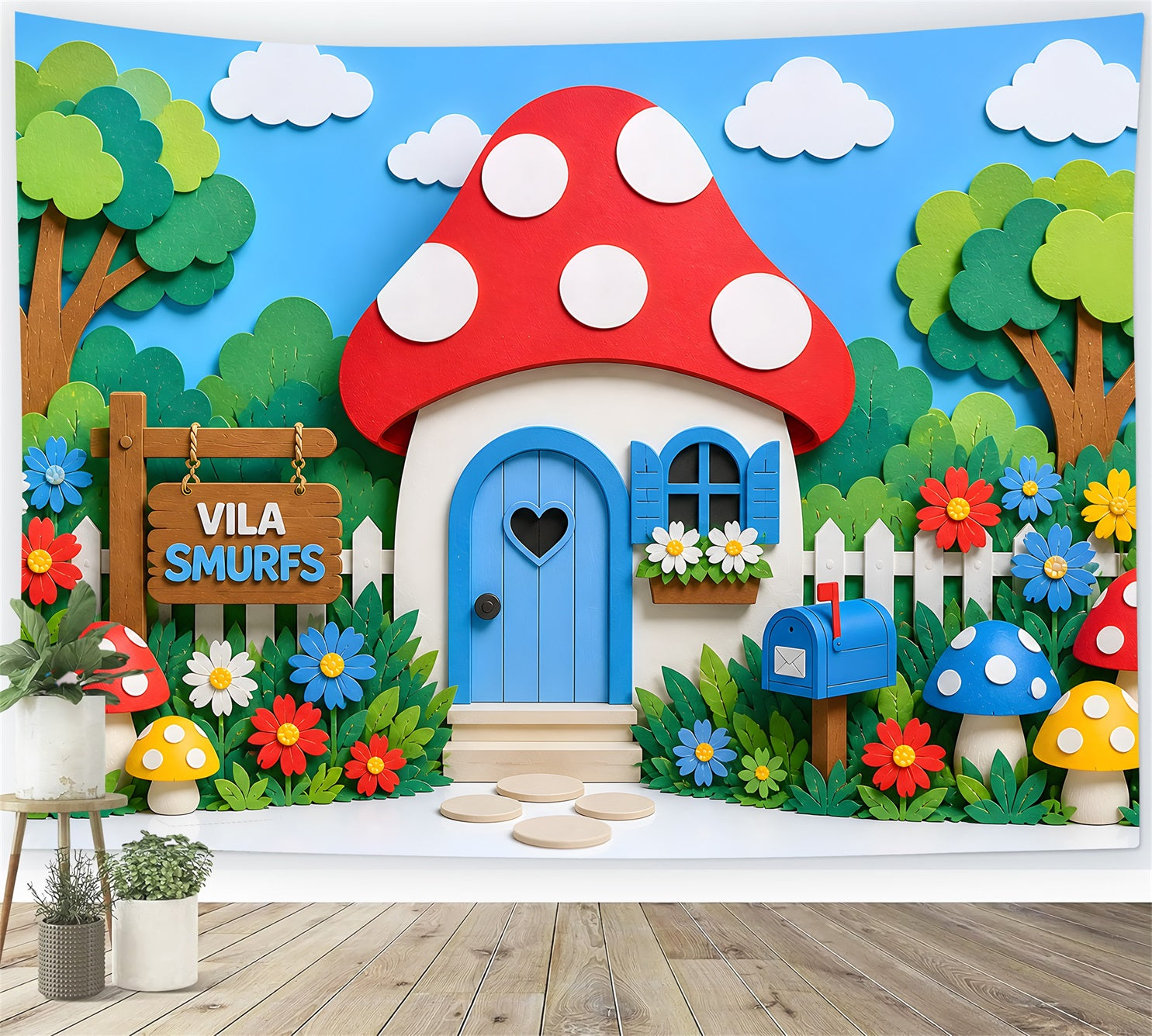 Kids Photoshoot Backdrop Mushroom Cottage Flower Garden Yard Newborn Backdrop Fabric CEM65-17