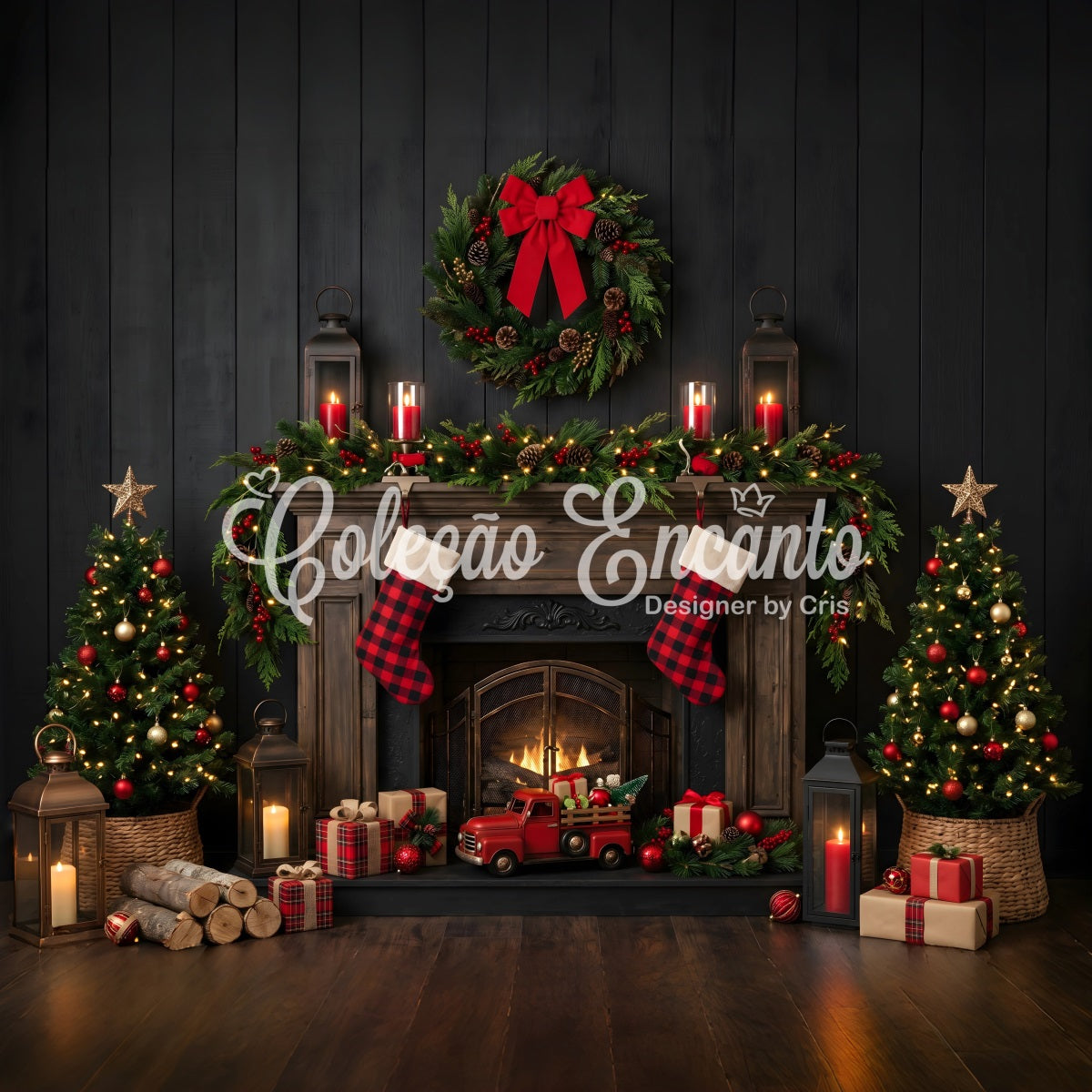 Christmas Backdrops Buffalo Plaid Fireplace Truck Stockings Christmas Backdrop Design CEM65-170