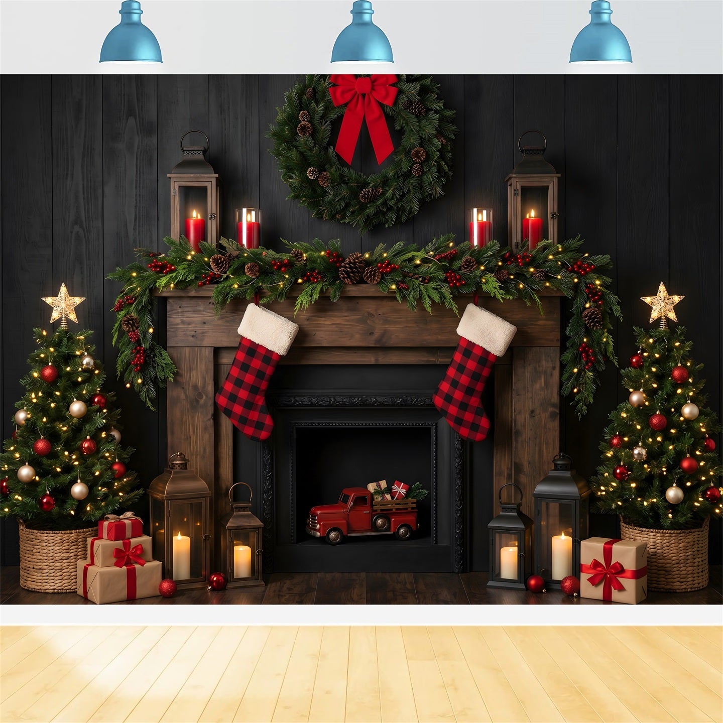 Fireplace Backdrop Christmas Dark Rustic Truck Lanterns Christmas Backdrops Photography CEM65-171