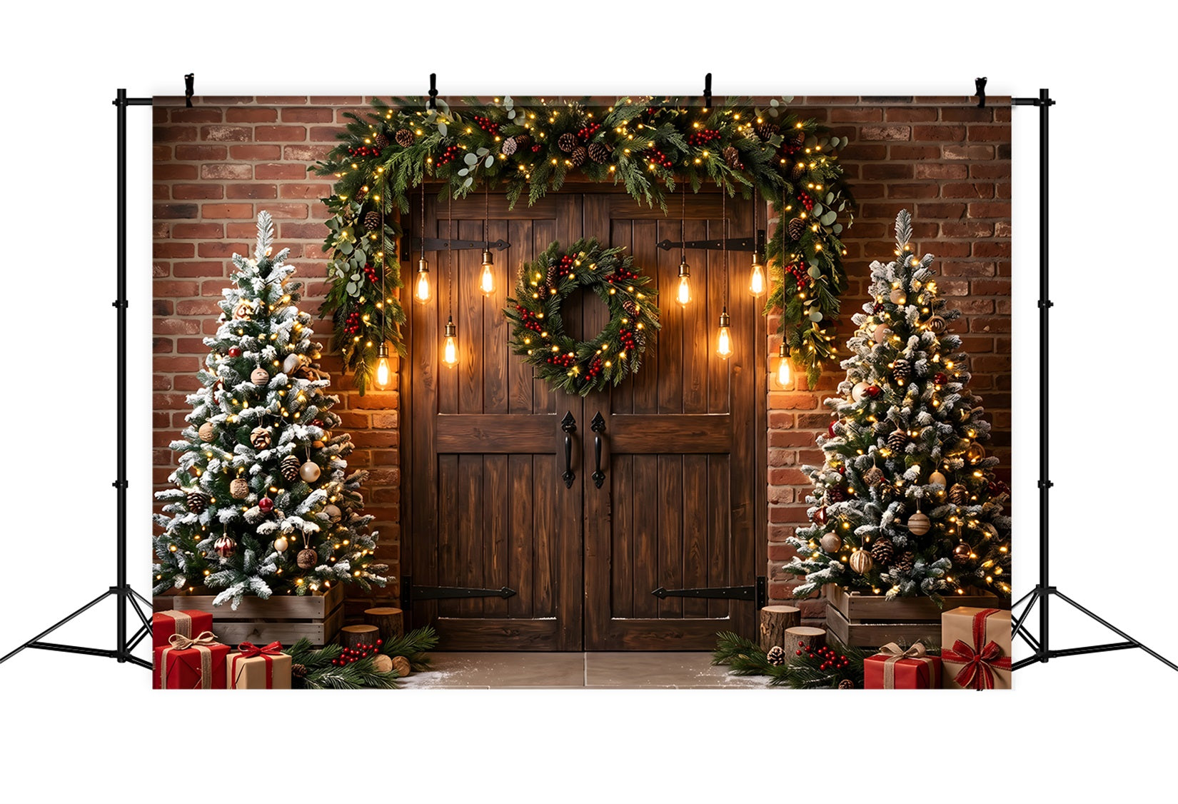 Christmas Light Backdrop Brick Barn Door Edison Lights Christmas Backdrop For Photography CEM65-172