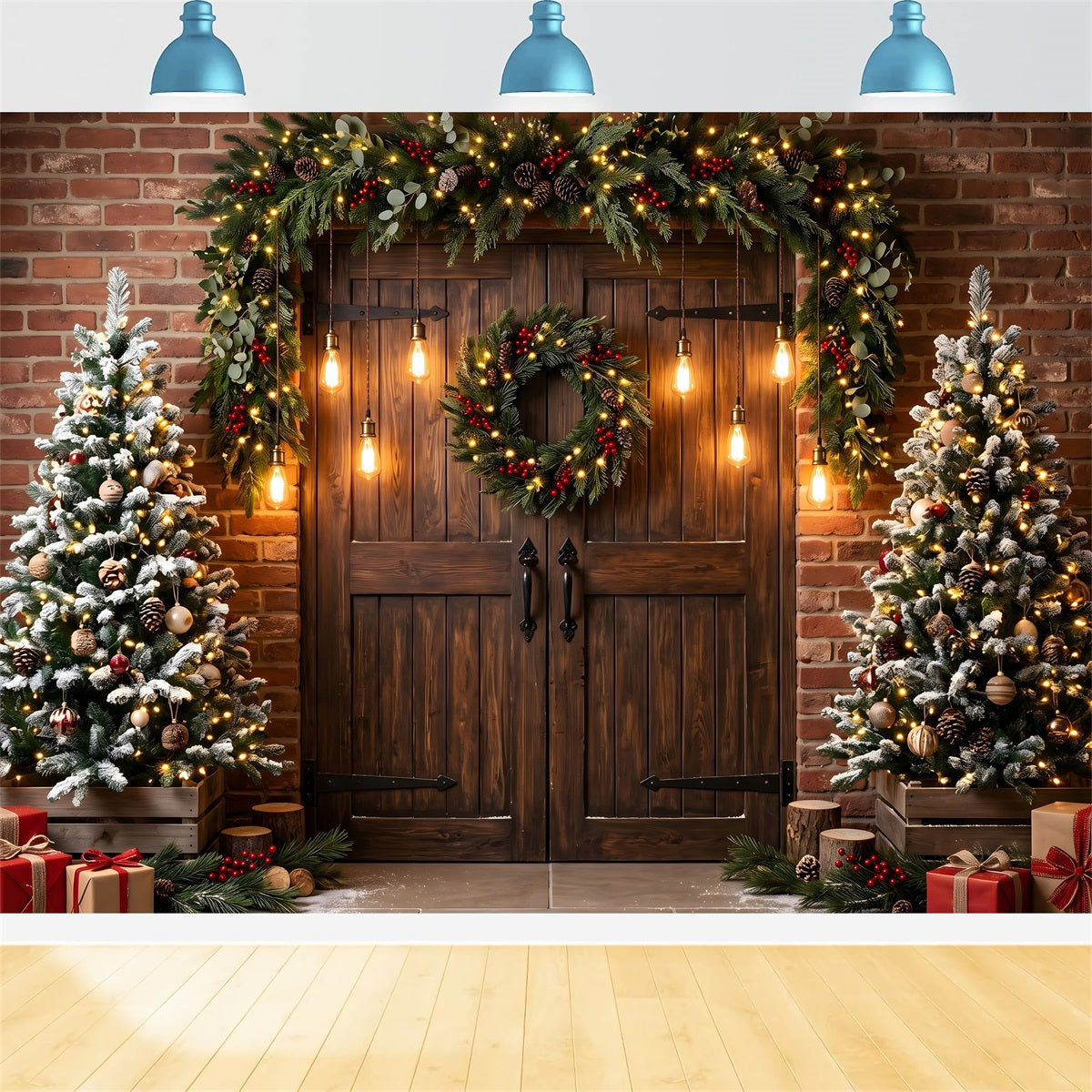 Christmas Light Backdrop Brick Barn Door Edison Lights Christmas Backdrop For Photography CEM65-172