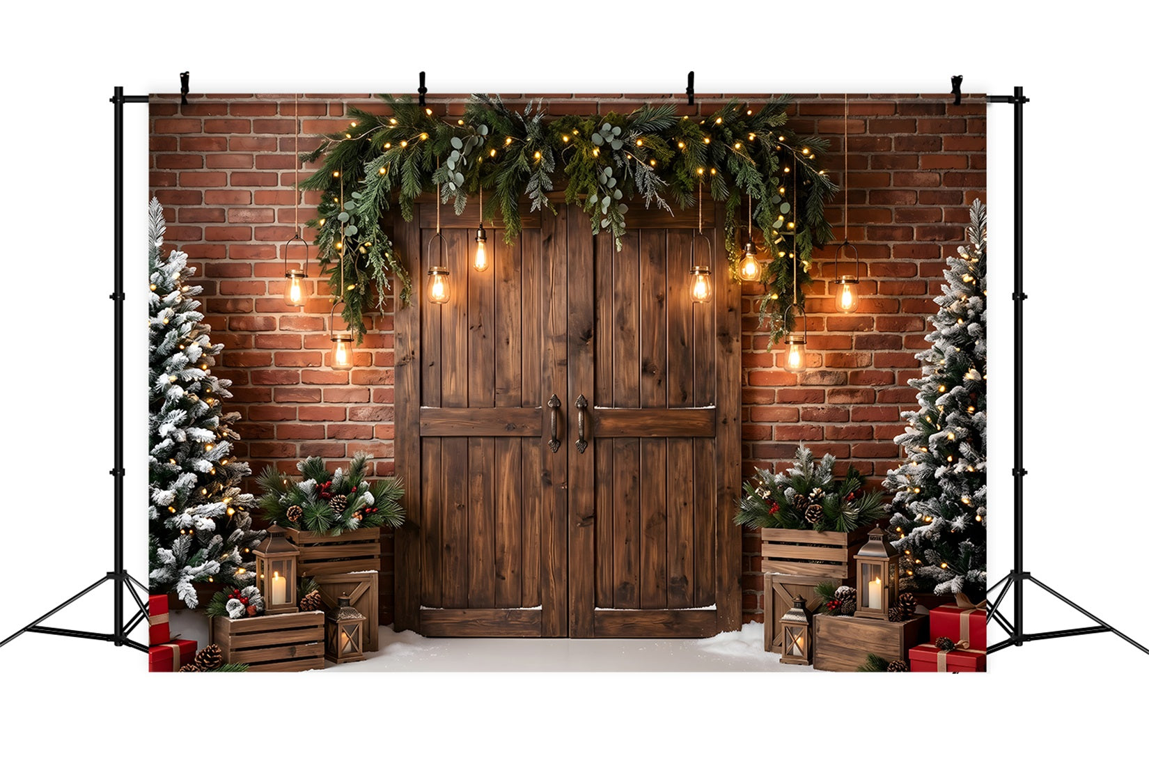 Christmas Theme Backdrops Brick Door Evergreen Hanging Lanterns Photography Christmas Backdrops CEM65-173