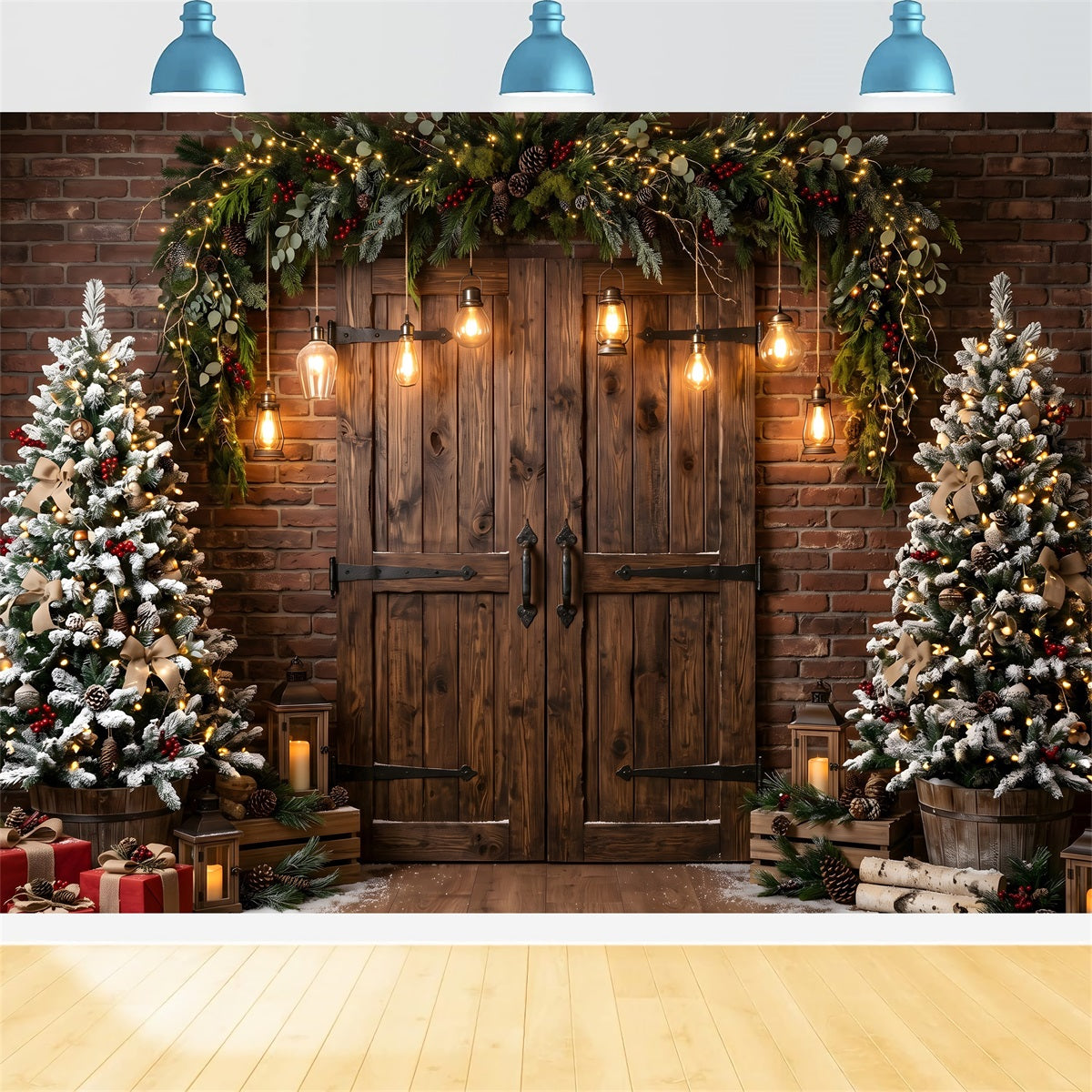 Christmas Barn Door Backdrop Rustic Barn Door Edison Lights Christmas Photoshoot Backdrop CEM65-174