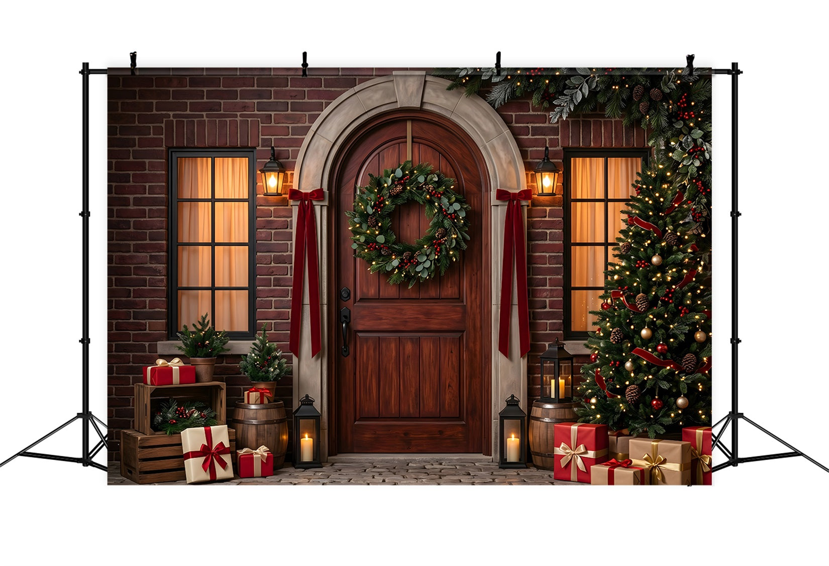 Christmas Photobooth Backdrop Arched Brick Door Wreath Gifts Christmas Backdrop For Pictures CEM65-175