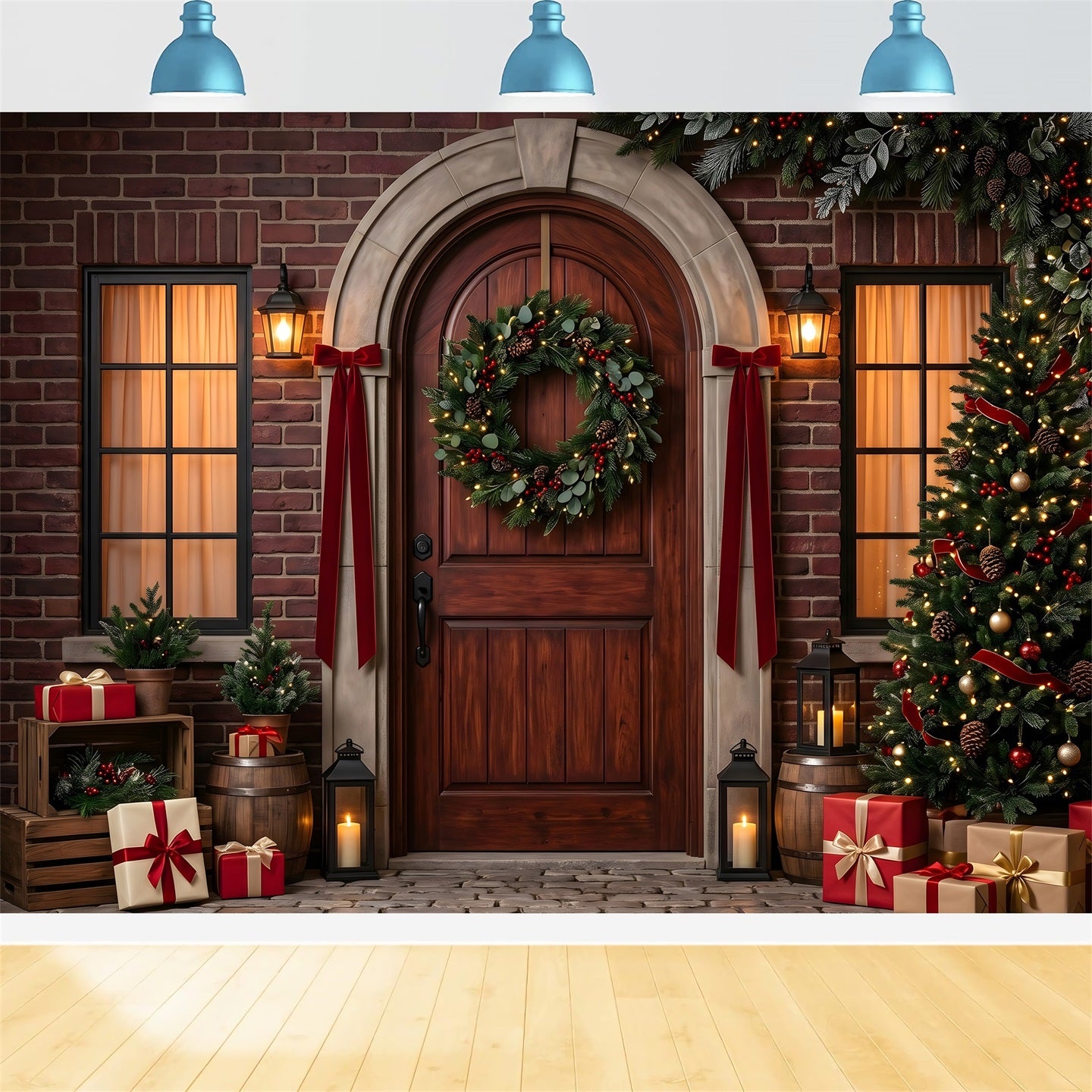 Christmas Photobooth Backdrop Arched Brick Door Wreath Gifts Christmas Backdrop For Pictures CEM65-175