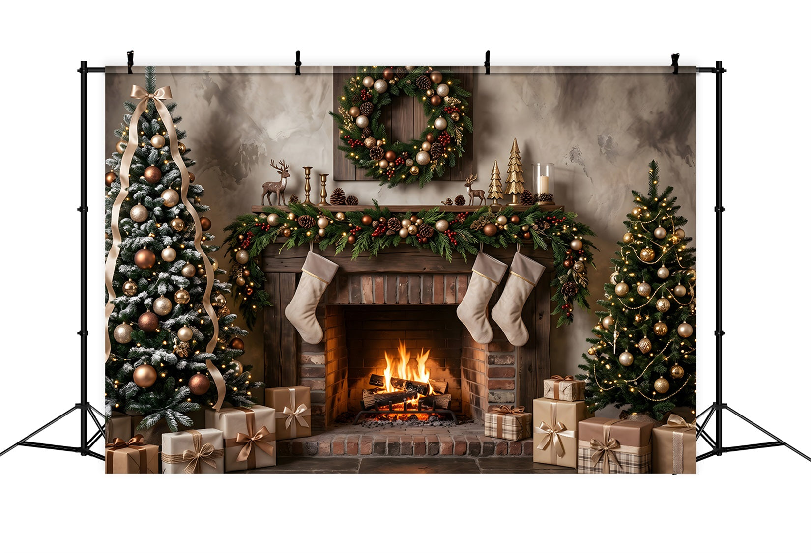Fireplace Christmas Backdrop Neutral Fireplace Stockings Gold Trees Photo Booth Christmas Backdrop CEM65-176