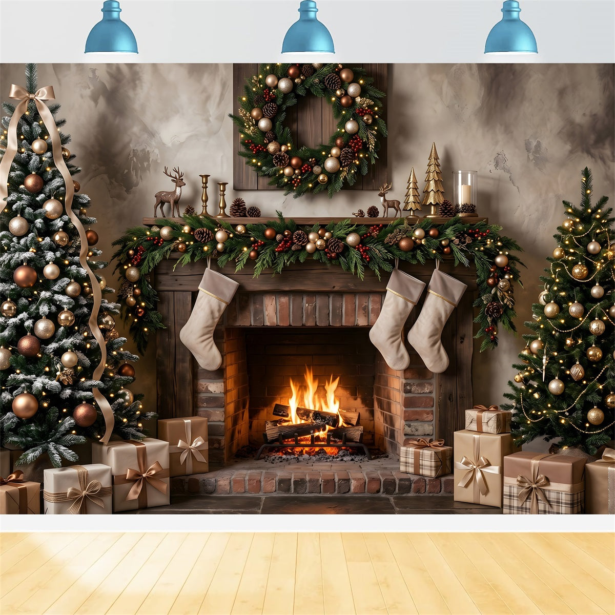 Fireplace Christmas Backdrop Neutral Fireplace Stockings Gold Trees Photo Booth Christmas Backdrop CEM65-176