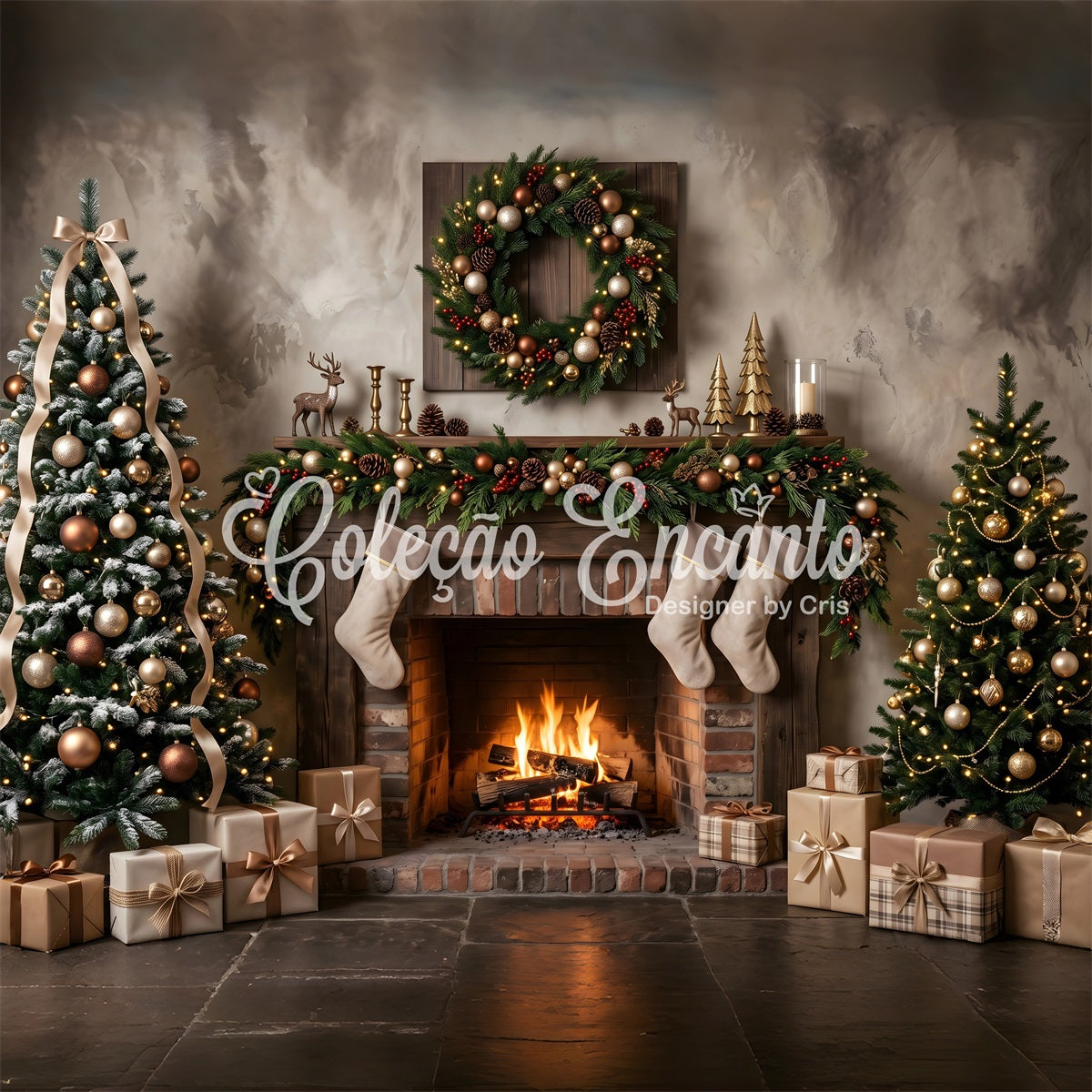 Fireplace Christmas Backdrop Neutral Fireplace Stockings Gold Trees Photo Booth Christmas Backdrop CEM65-176