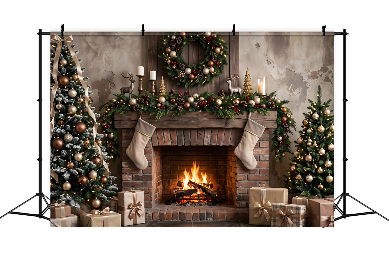 Christmas Fireplace Photo Backdrop Neutral Brick Stockings Trees Christmas Backdrops CEM65-177