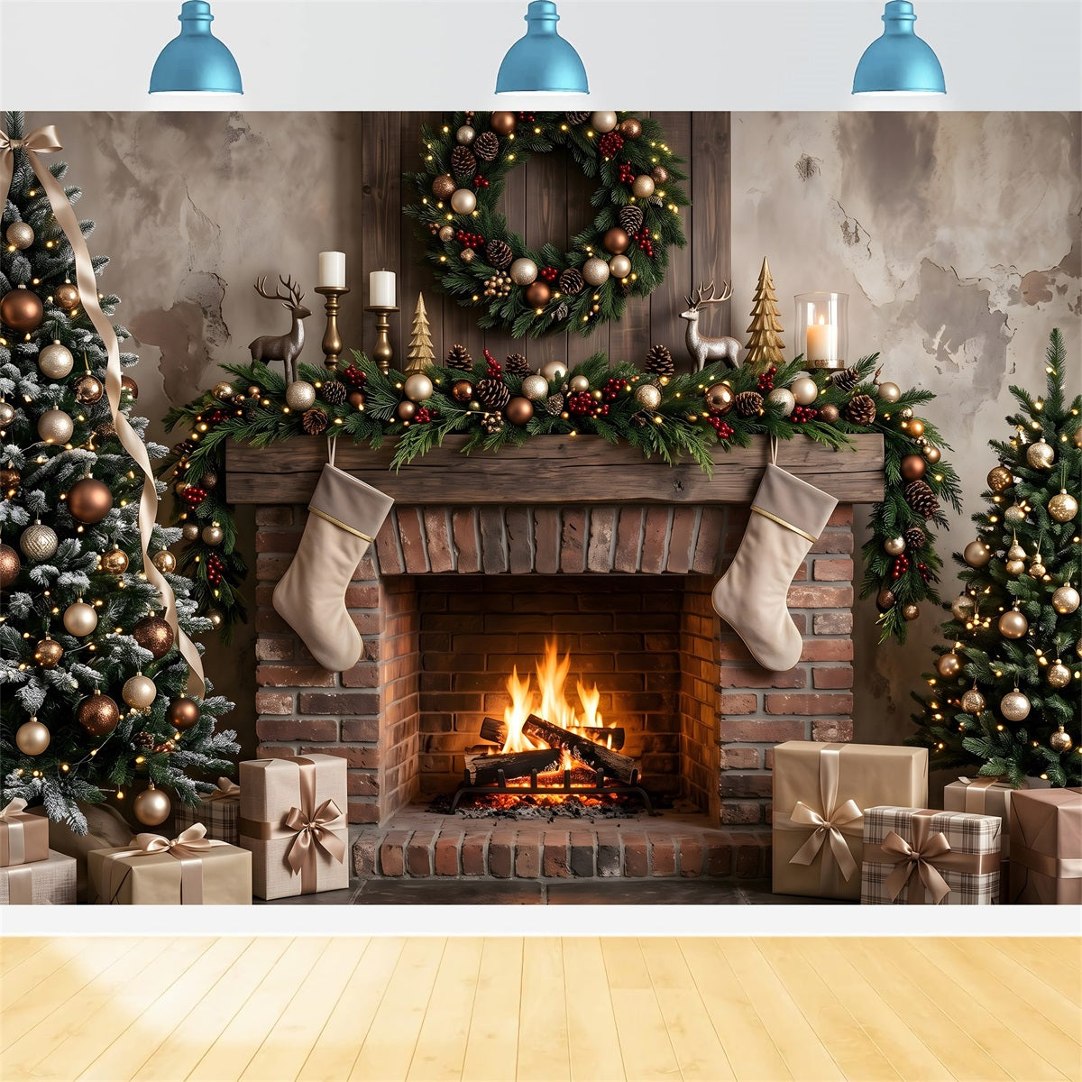 Christmas Fireplace Photo Backdrop Neutral Brick Stockings Trees Christmas Backdrops CEM65-177