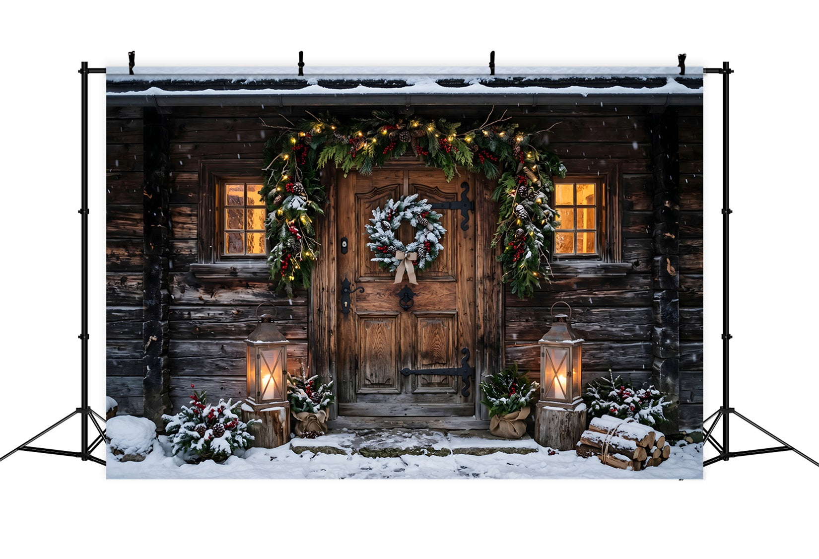 Backdrops For Christmas Photos Snowy Rustic Cabin Door Lanterns Studio Backdrops Christmas Backdrop CEM65-178