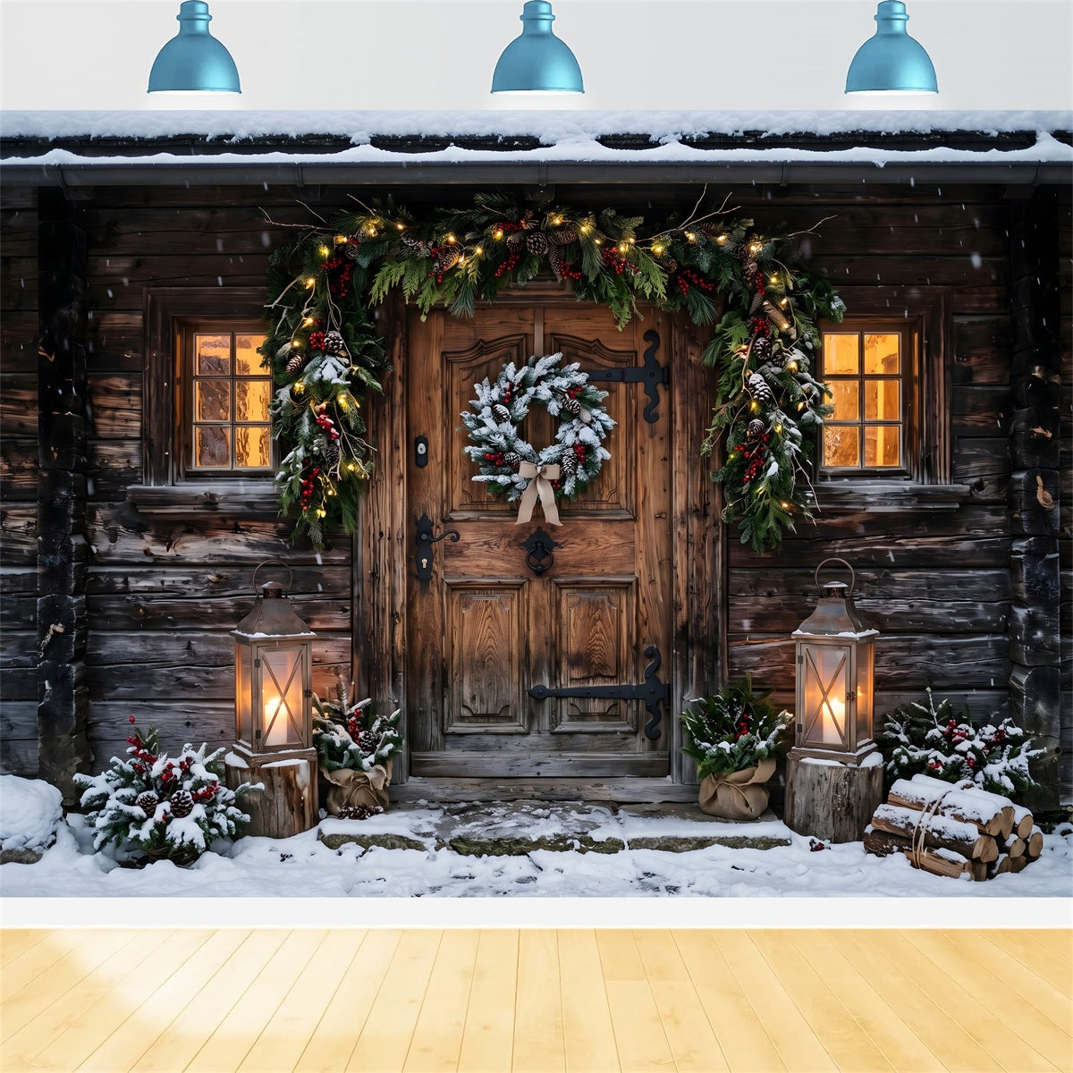 Backdrops For Christmas Photos Snowy Rustic Cabin Door Lanterns Studio Backdrops Christmas Backdrop CEM65-178