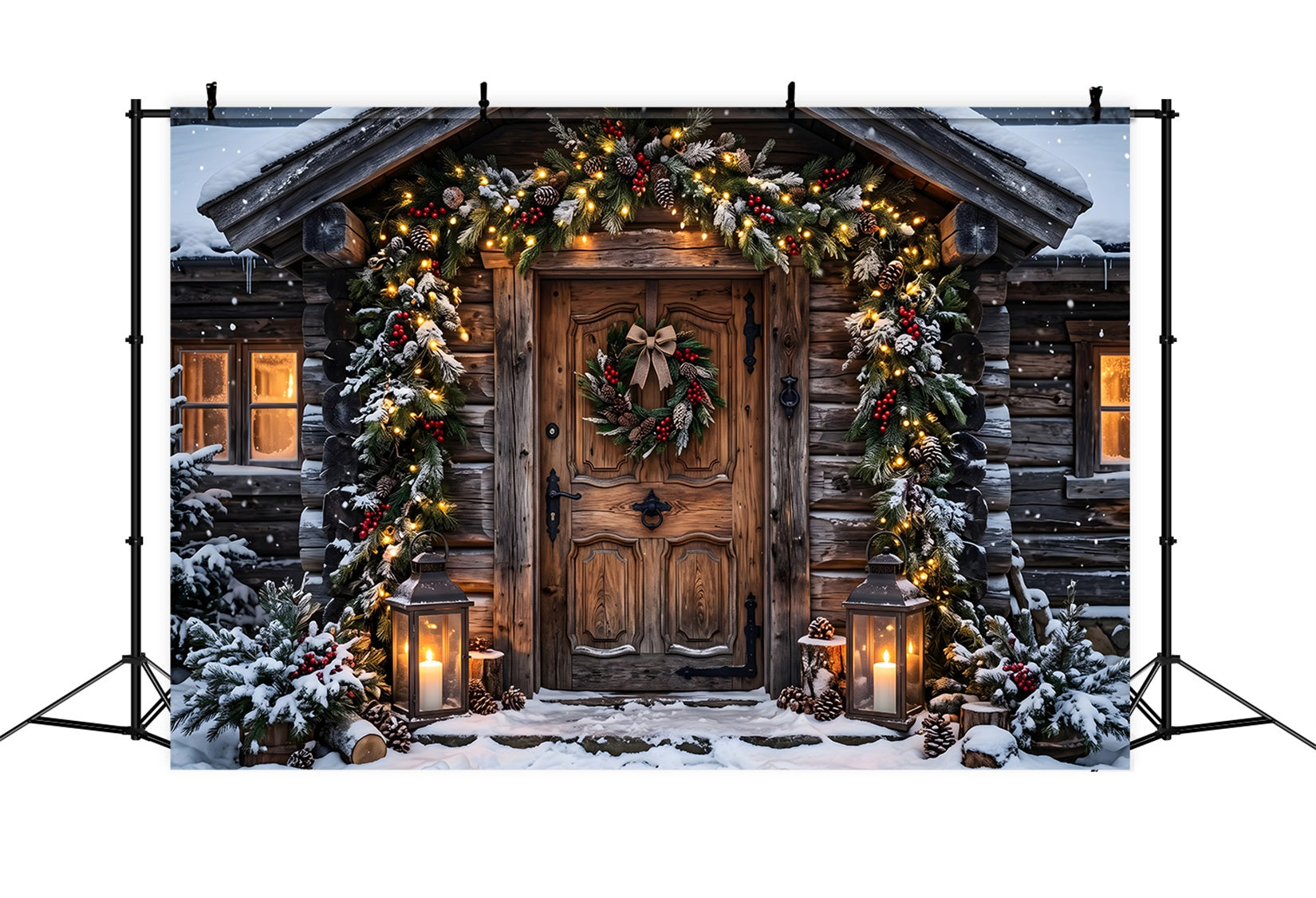 Christmas Village Backdrop Ideas Frosted Log Cabin Garland Entrance Photography Christmas Backdrop CEM65-179