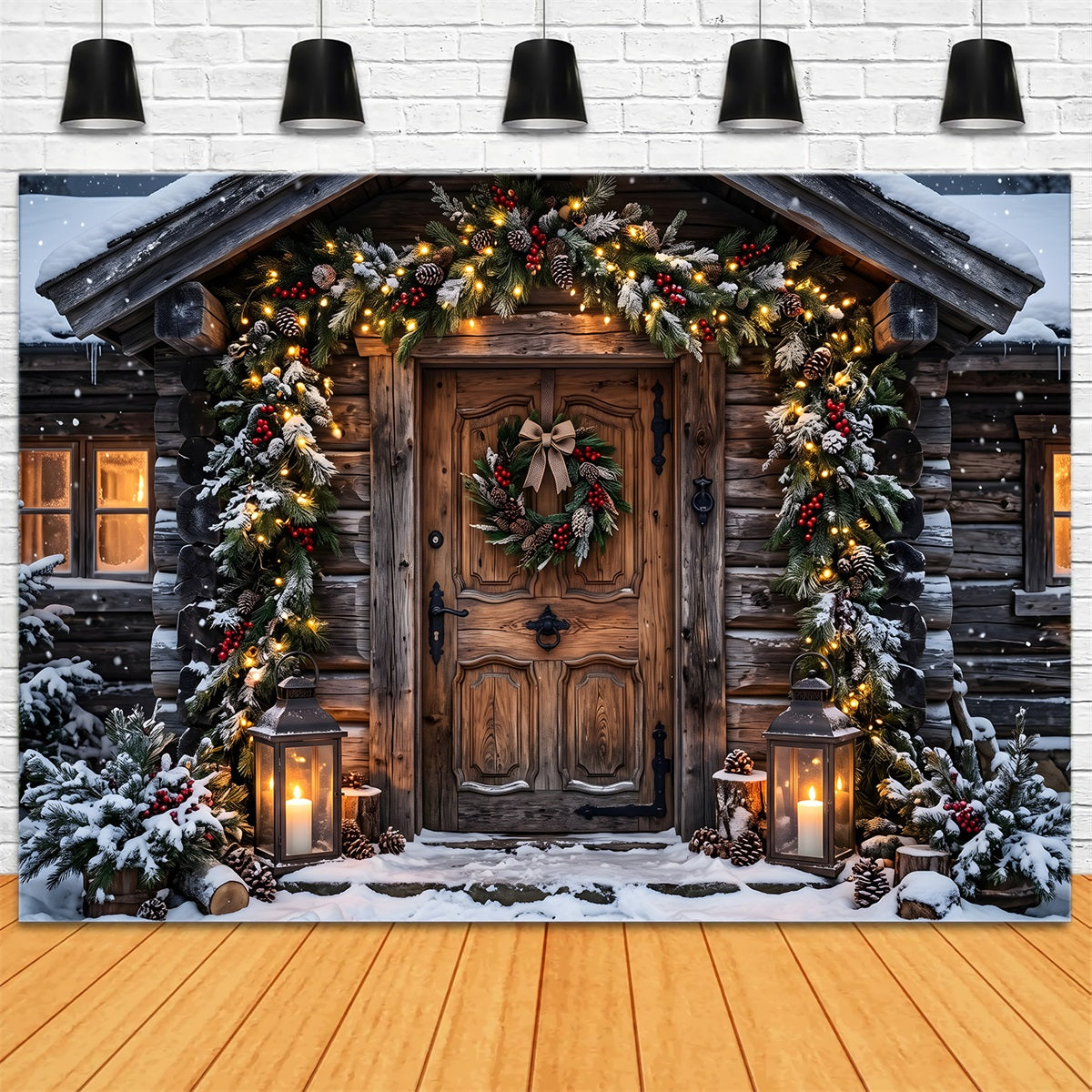 Christmas Village Backdrop Ideas Frosted Log Cabin Garland Entrance Photography Christmas Backdrop CEM65-179