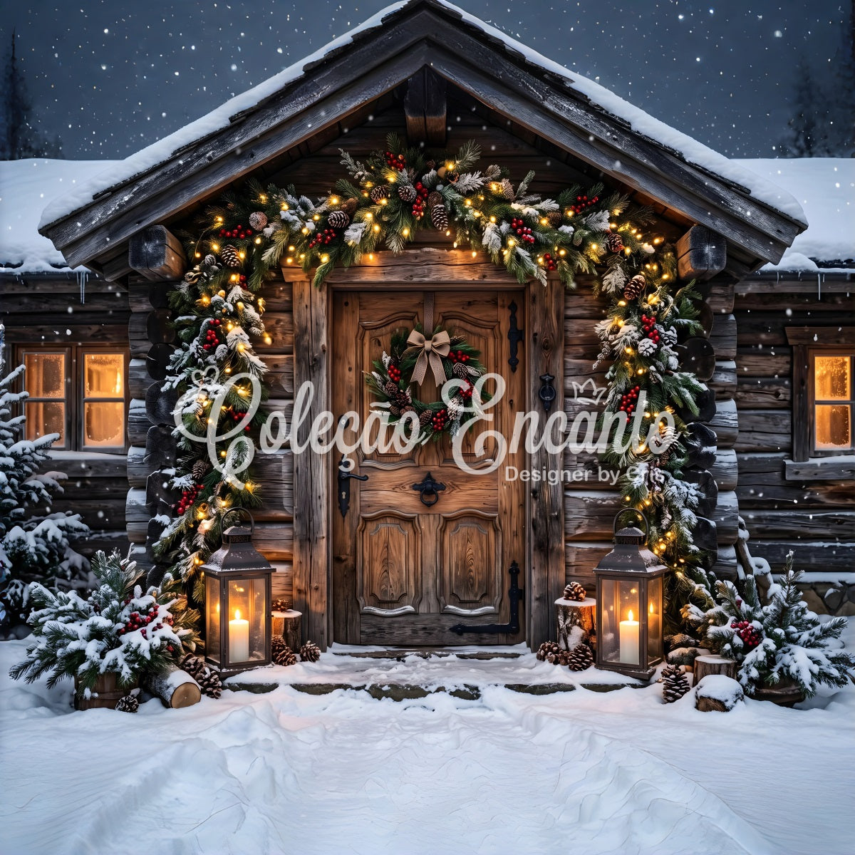 Christmas Village Backdrop Ideas Frosted Log Cabin Garland Entrance Photography Christmas Backdrop CEM65-179