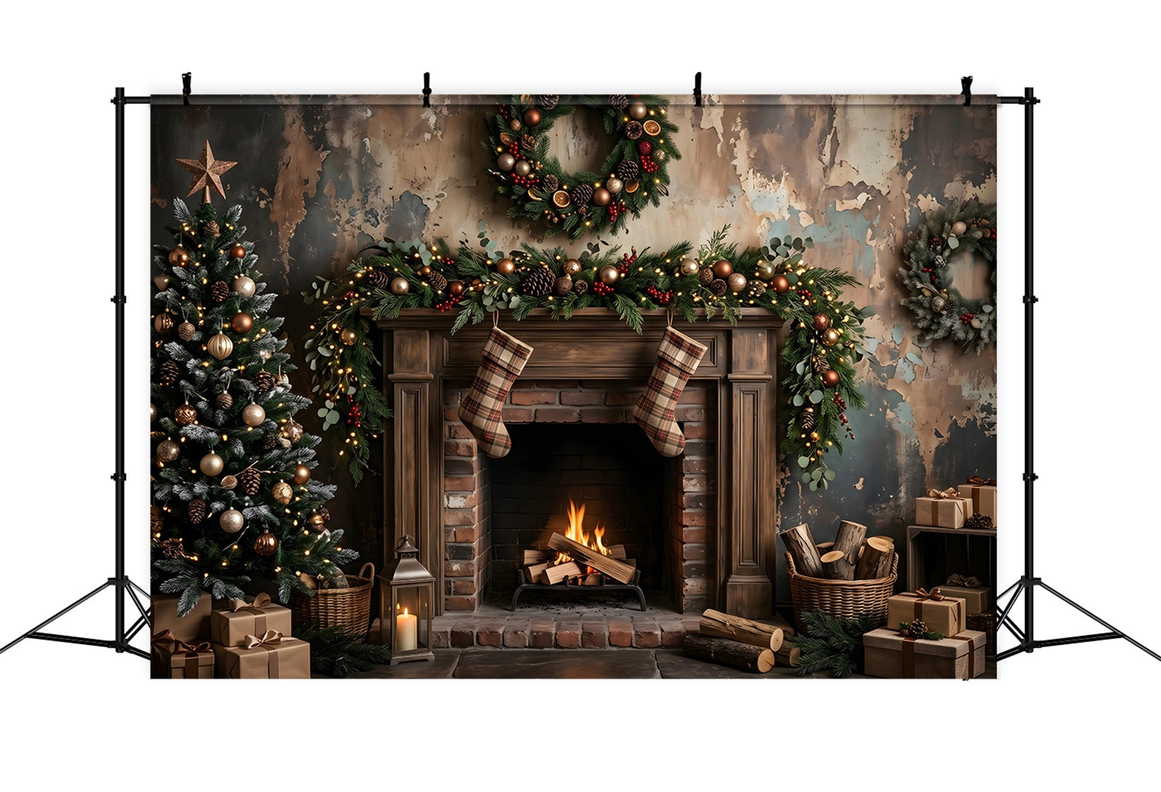 Christmas Fireplace Backdrops Moody Rustic Fireplace Stockings Christmas Photobooth Backdrop CEM65-180