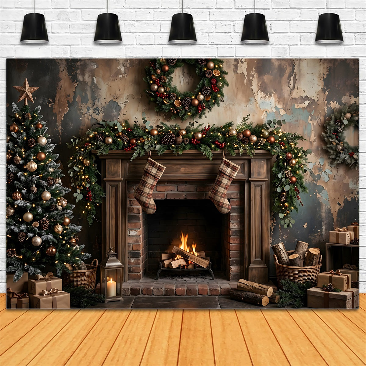 Christmas Fireplace Backdrops Moody Rustic Fireplace Stockings Christmas Photobooth Backdrop CEM65-180