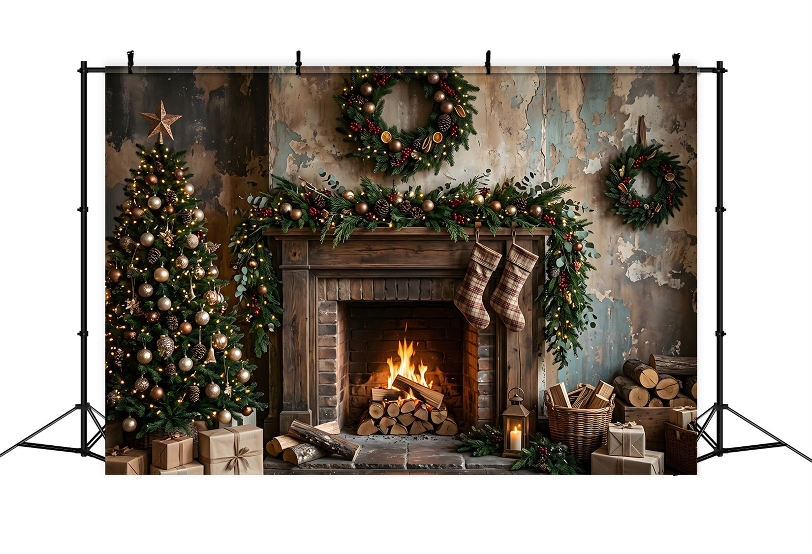 Christmas Backdrop Distressed Rustic Fireplace Plaid Stockings Christmas Backdrop For Photoshoot CEM65-181