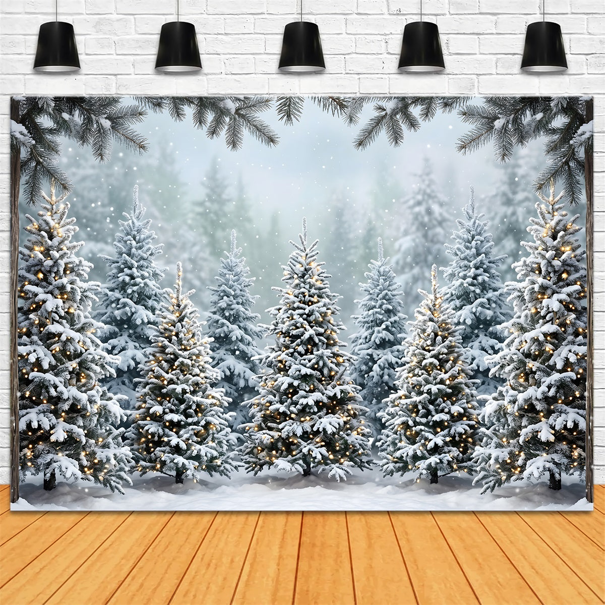 Christmas Forest Backdrop Snowy Fir Forest Warm Lights Backdrop Christmas Photo Booth CEM65-182