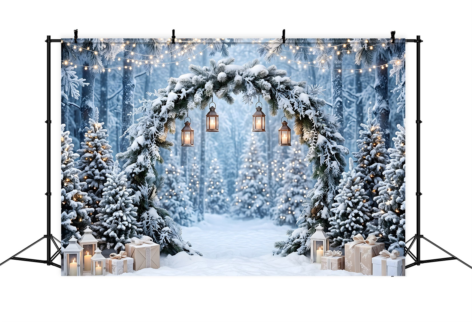 Christmas Wonderland Backdrop Frosted Pine Arch Hanging Lanterns Christmas Studio Backdrop CEM65-183