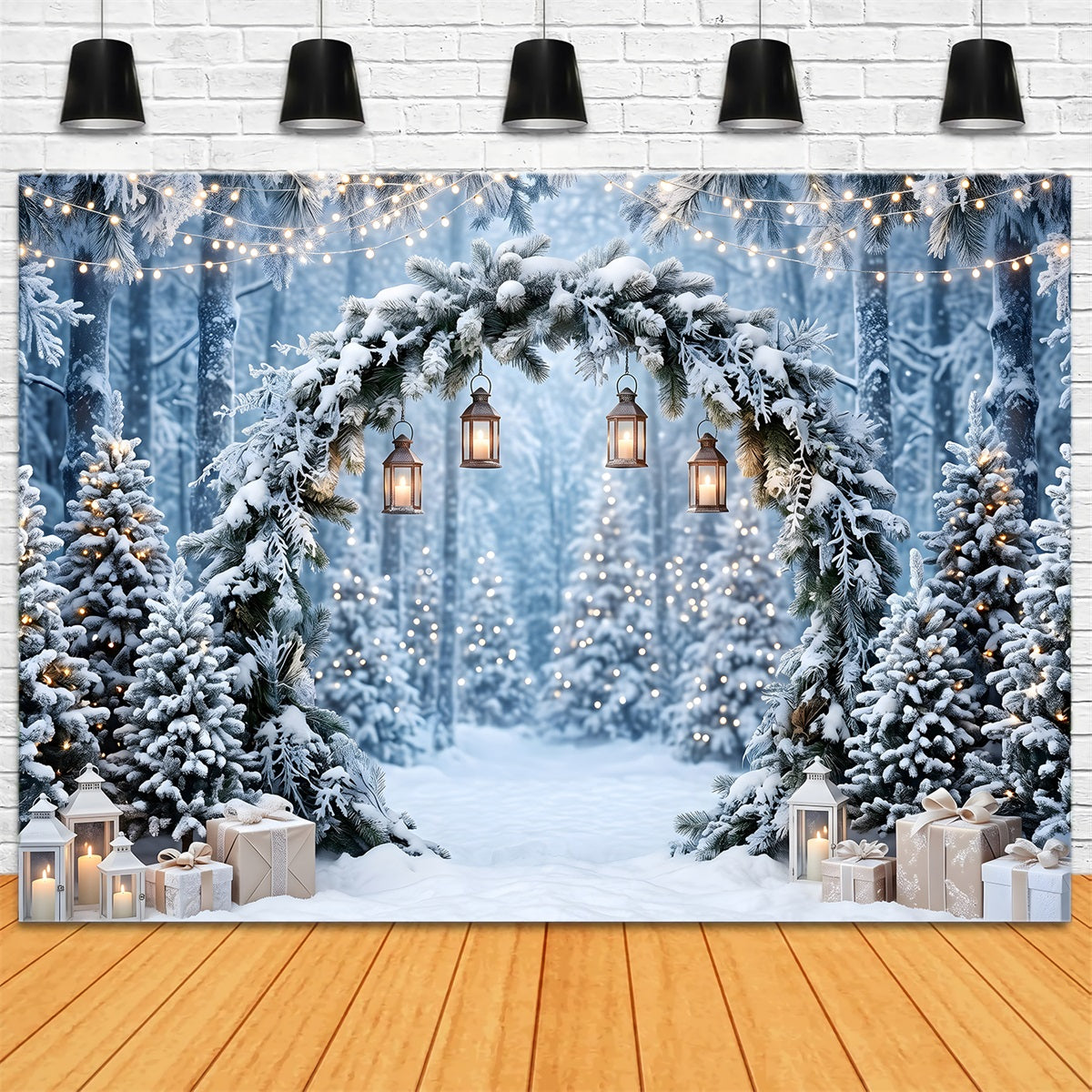 Christmas Wonderland Backdrop Frosted Pine Arch Hanging Lanterns Christmas Studio Backdrop CEM65-183