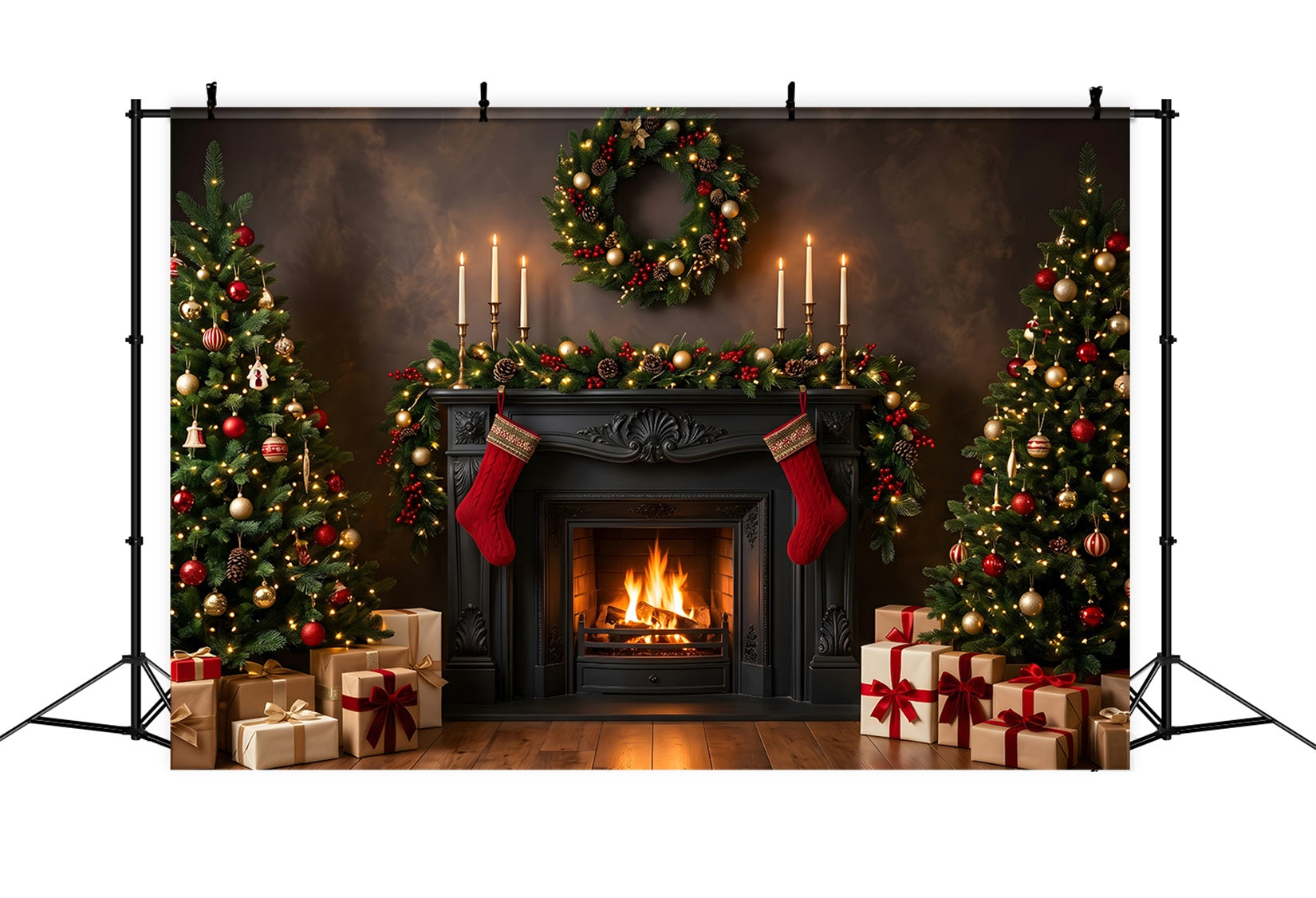 Best Christmas Backdrops Black Fireplace Candles Stockings Christmas Backdrop Photoshoot CEM65-184