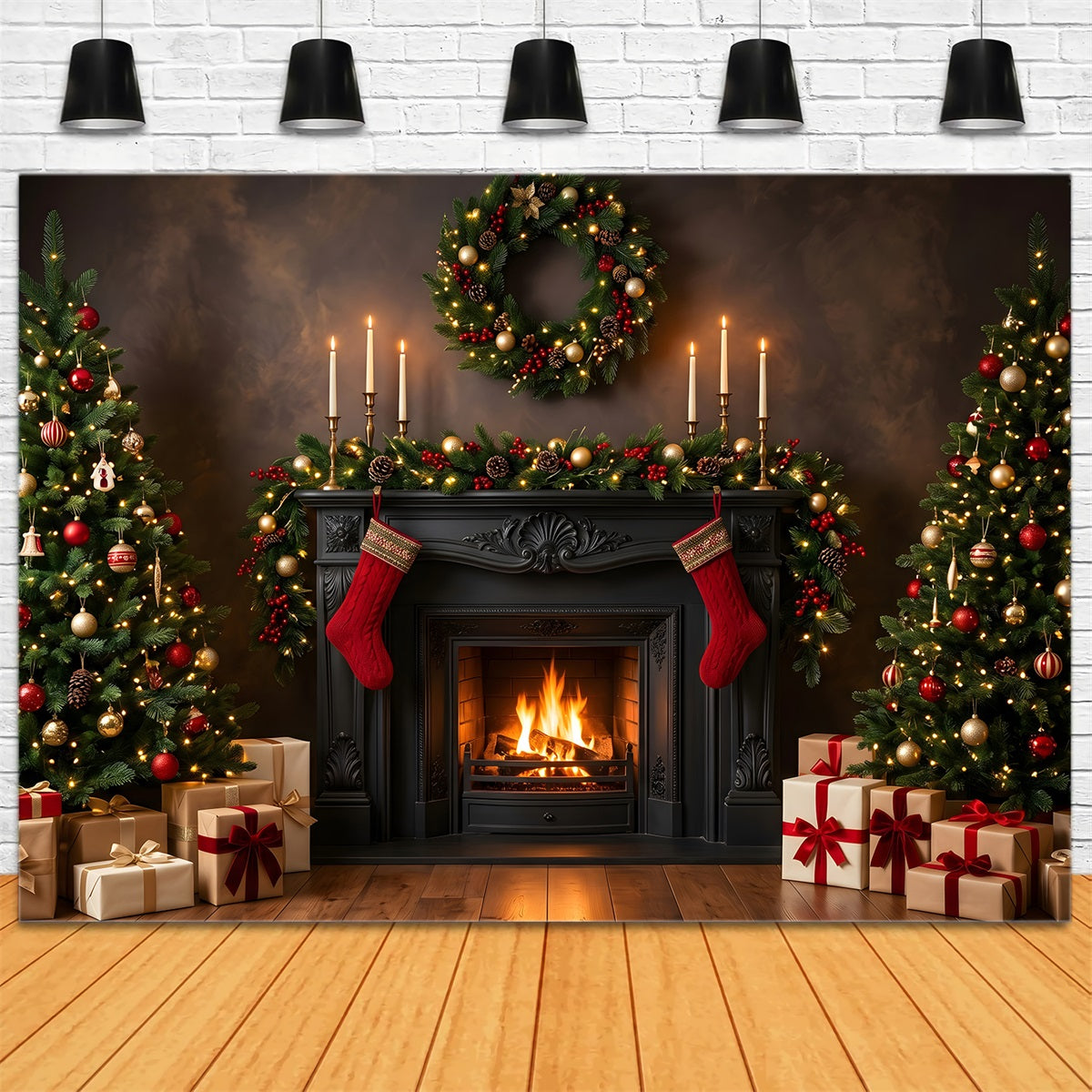 Best Christmas Backdrops Black Fireplace Candles Stockings Christmas Backdrop Photoshoot CEM65-184