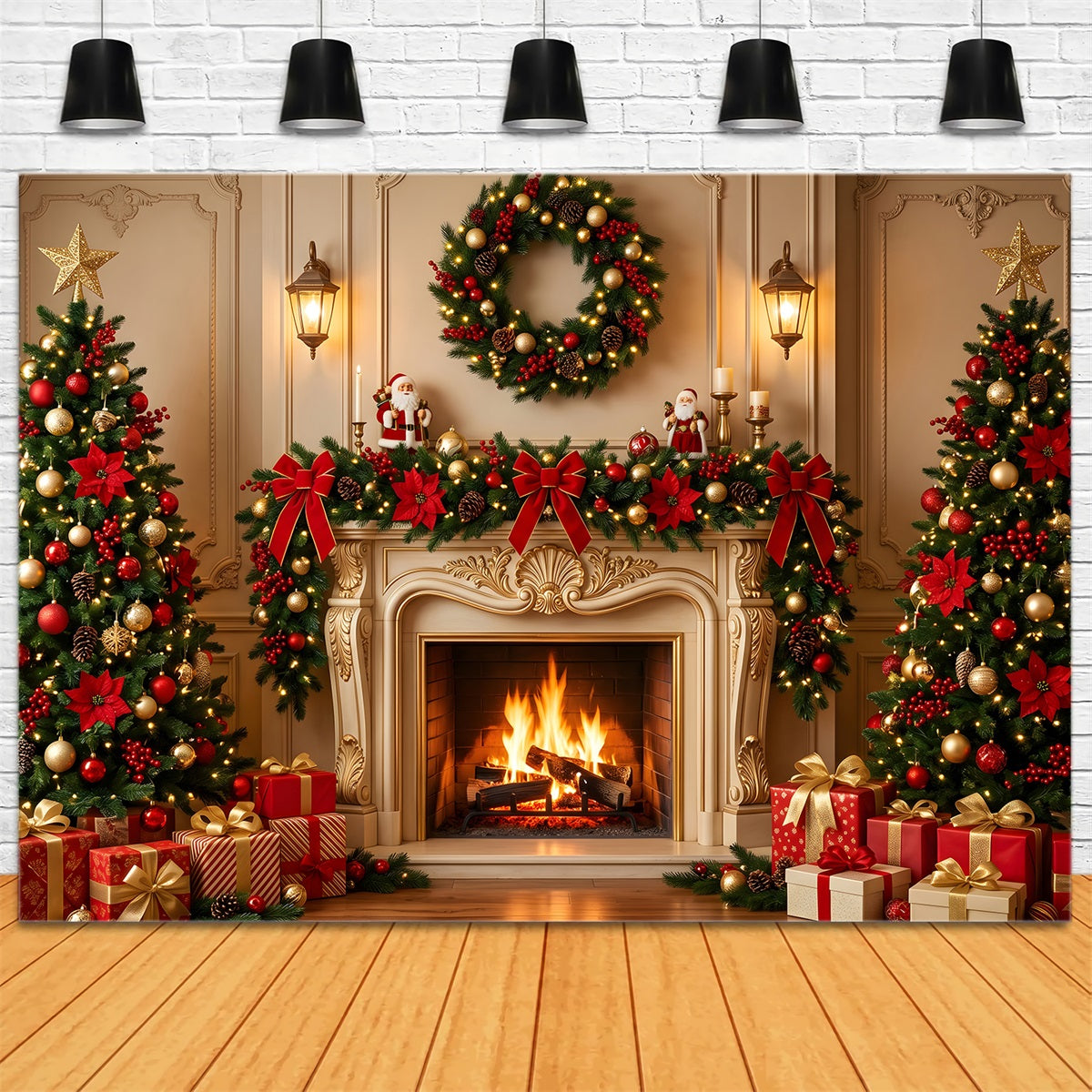 Christmas Backdrop Golden Ornate Fireplace Wreath Trees Best Christmas Photo Backdrops CEM65-185