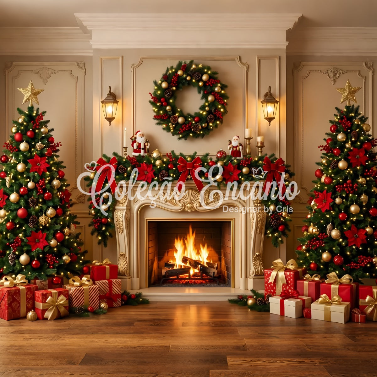 Christmas Backdrop Golden Ornate Fireplace Wreath Trees Best Christmas Photo Backdrops CEM65-185