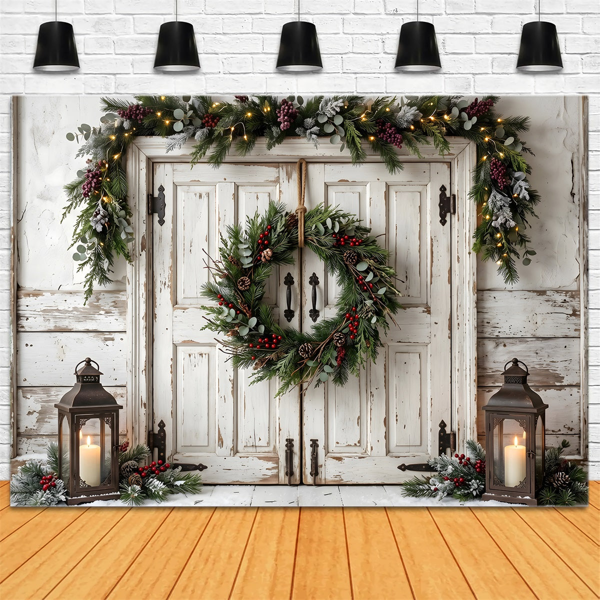 Best Christmas Backdrops For Photography White Door Hanging Wreath Backdrop Christmas CEM65-186