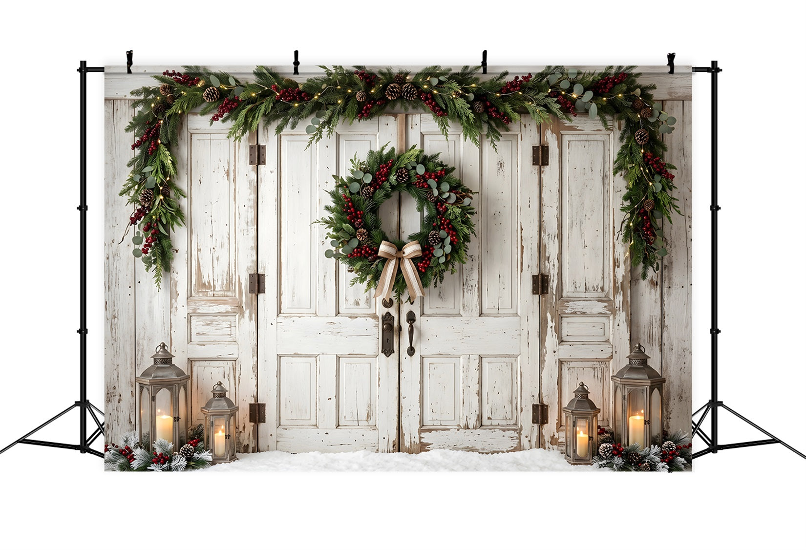10x20 Christmas Backdrop Vintage White Door Bow Wreath Christmas Photo Booth Backdrops CEM65-187