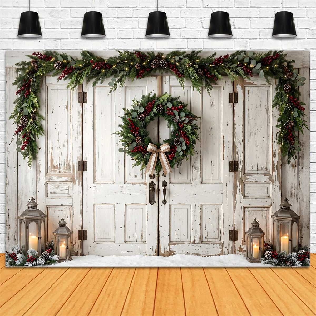 10x20 Christmas Backdrop Vintage White Door Bow Wreath Christmas Photo Booth Backdrops CEM65-187