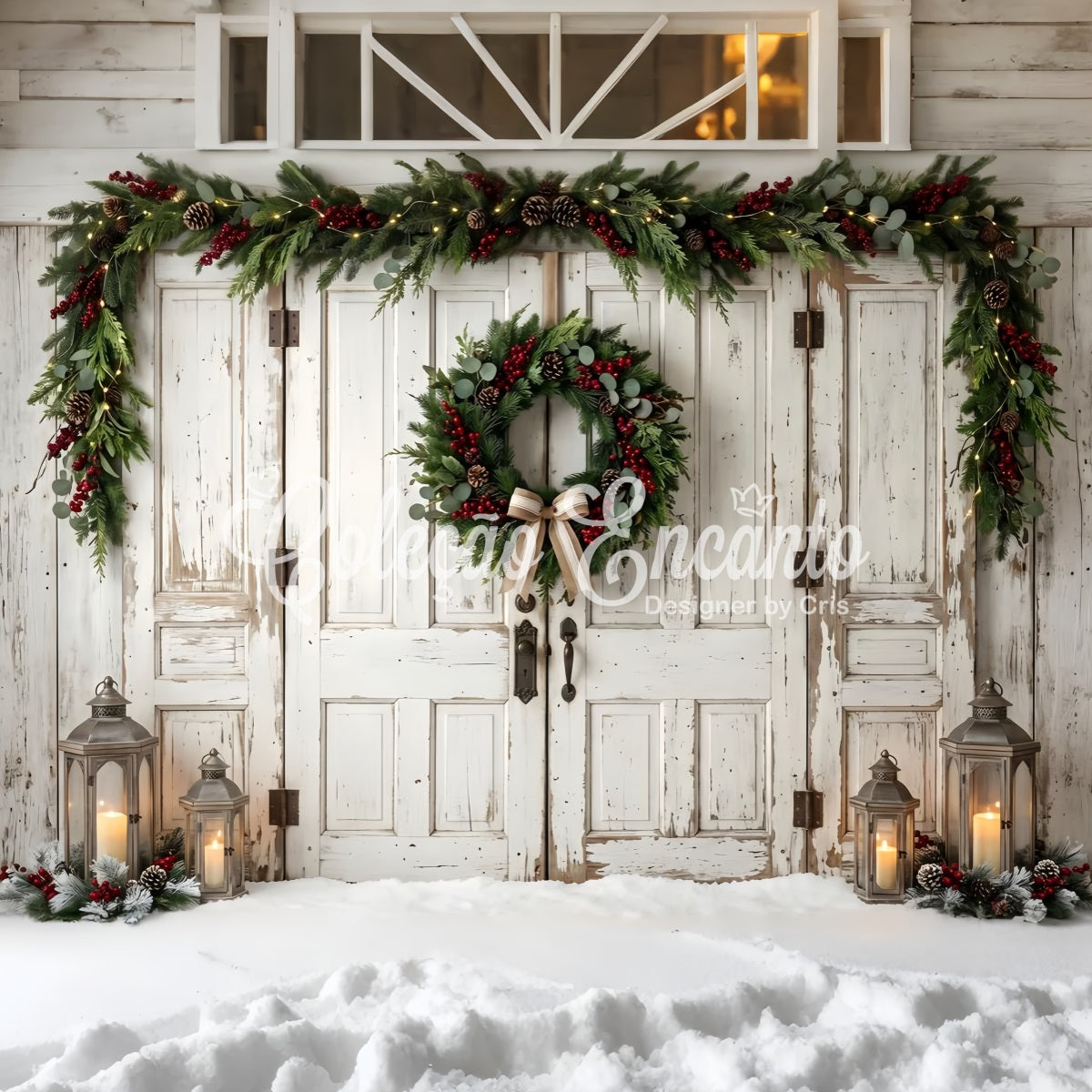 10x20 Christmas Backdrop Vintage White Door Bow Wreath Christmas Photo Booth Backdrops CEM65-187